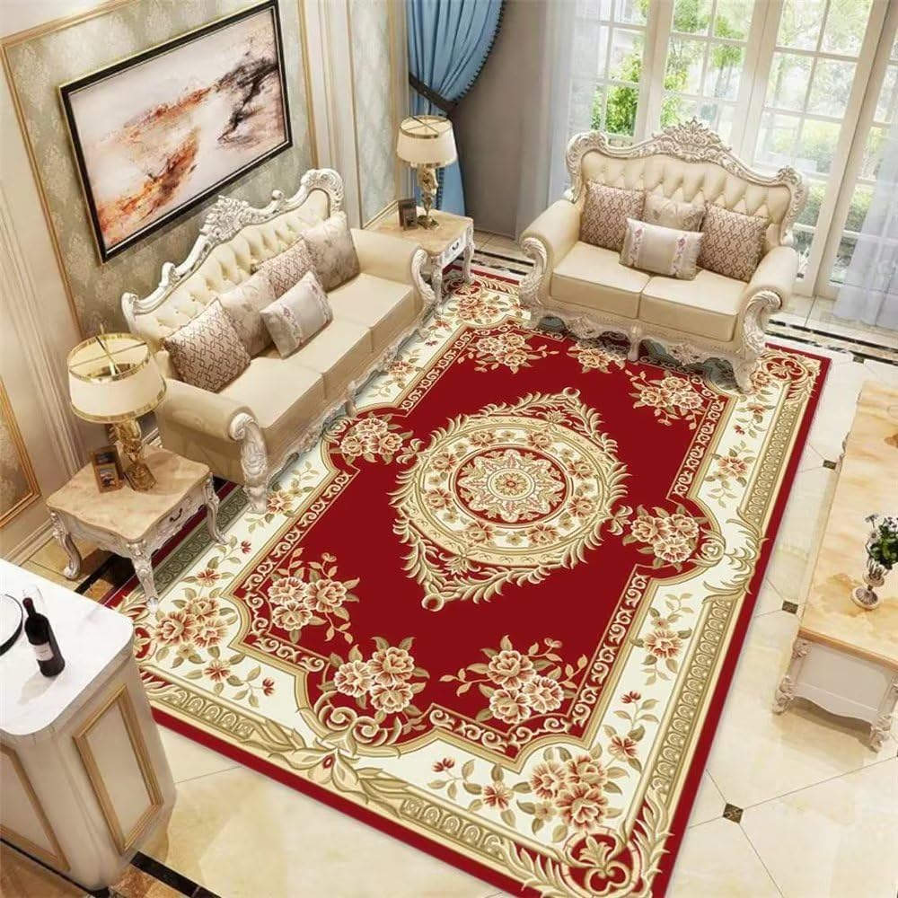 Tapis salon rouge lavable et carpette de chambre à motif floral