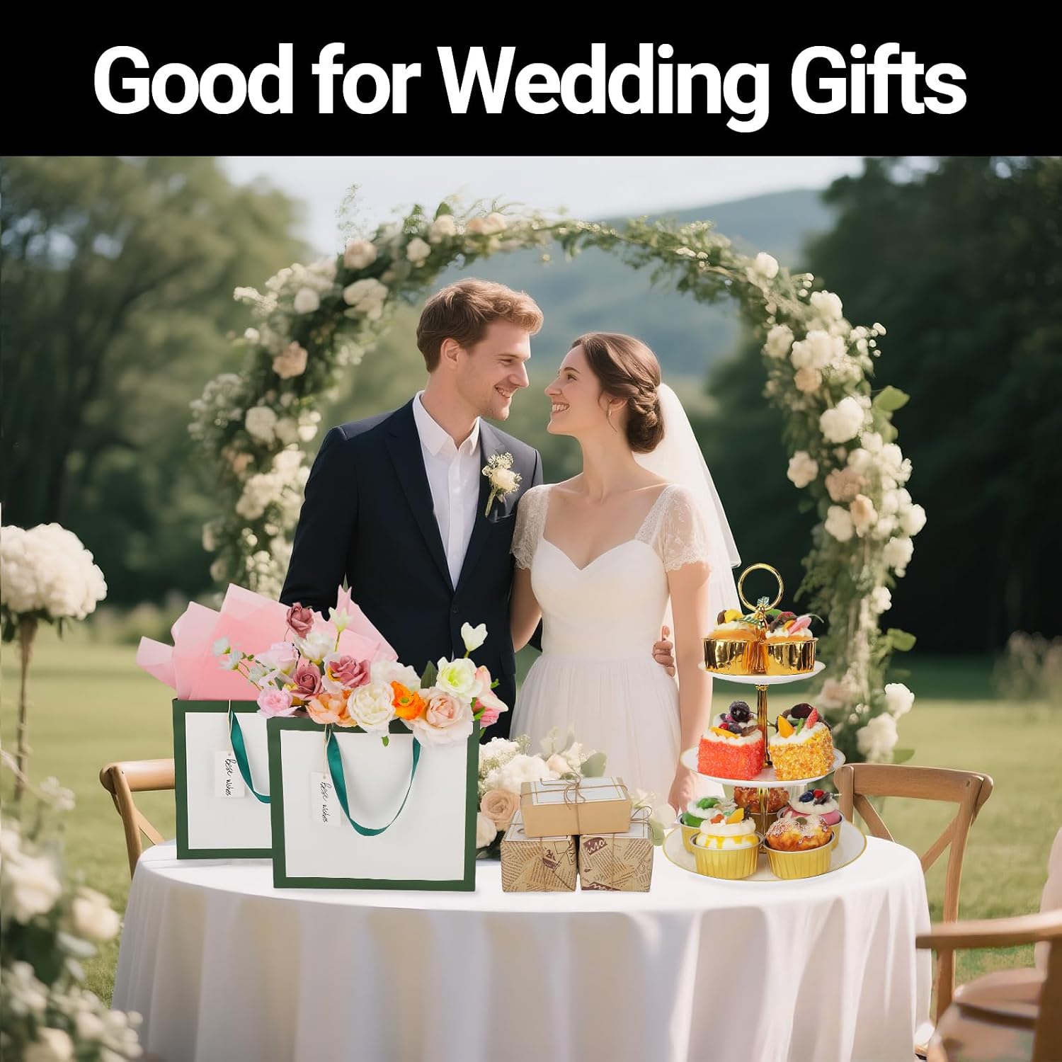 EUSOAR Gift Bags, 50pcs 12.5"x4.5"x11" Gift Wrap Thank You Bag Bulk, Merchandise Retail Paper Shopping Wrapping Bags for Small Business Grocery Boutique Wedding Bridal Party Favor-White/Green
