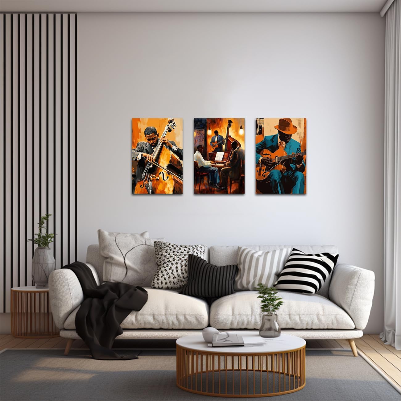 LZIMU Jazz Wall Art Abstract Black Music Picture African American Music Canvas Prints Vintage Jazz Band Painting for Musical Club Classroom Decor Framed (Orange, 16.00" x 24.00" x 3PCS)