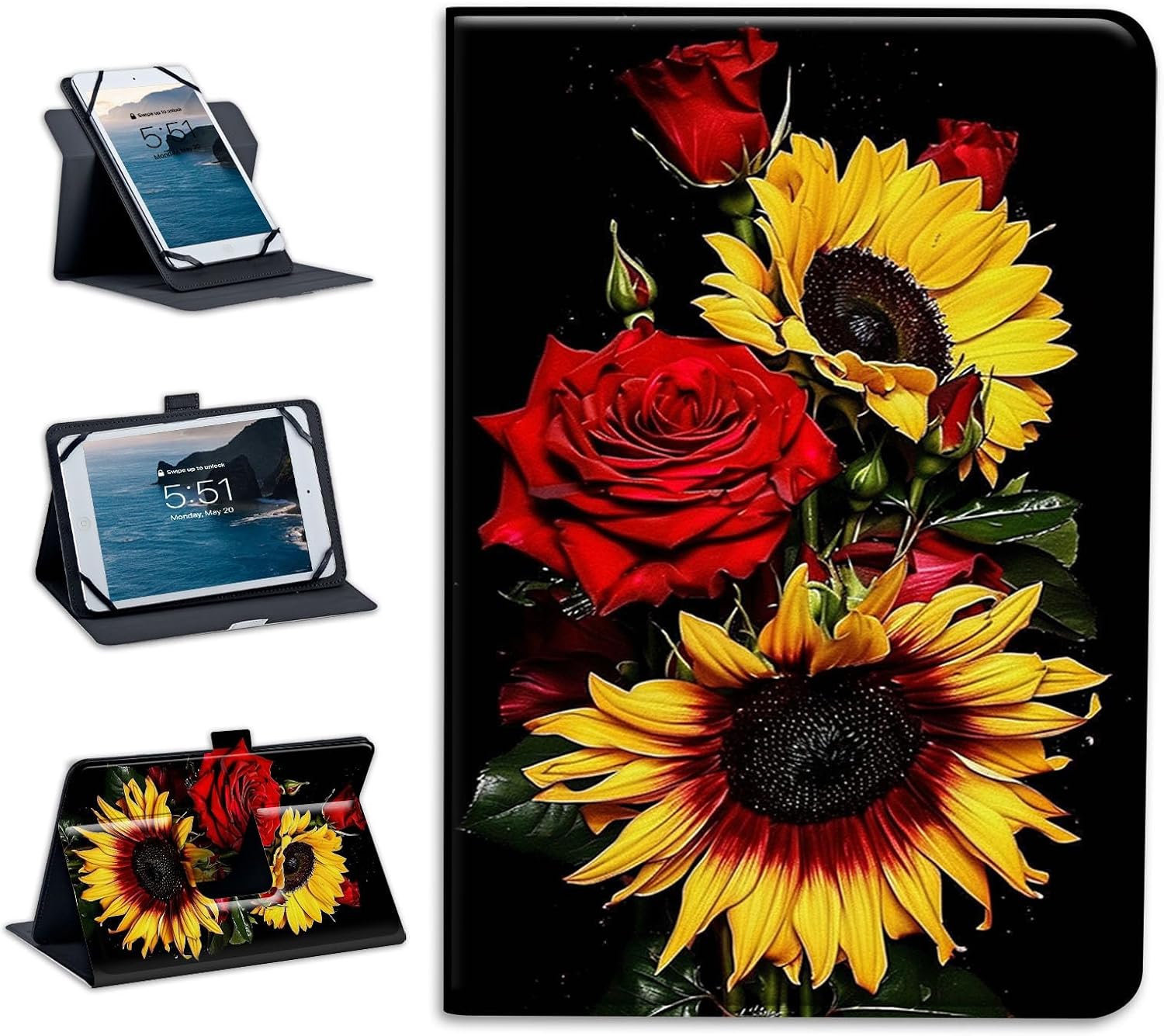 Universal Tablet Case Tablet Cover 360-Degree Rotation Viewing Stand Folio PU Leather Covers for All Kinds of 9-10.5Inch Android/iOS/Windows Tablets Cases,Sunflower Rose Bouquet