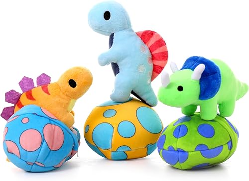Miniatura 5 de Muiteiur Juego de 7 piezas de animales de peluche, suave mamá dinosaurio de peluche con 3 dinosaurios bebé, 2 cáscaras de huevo, 1 huevo, T-Rex de