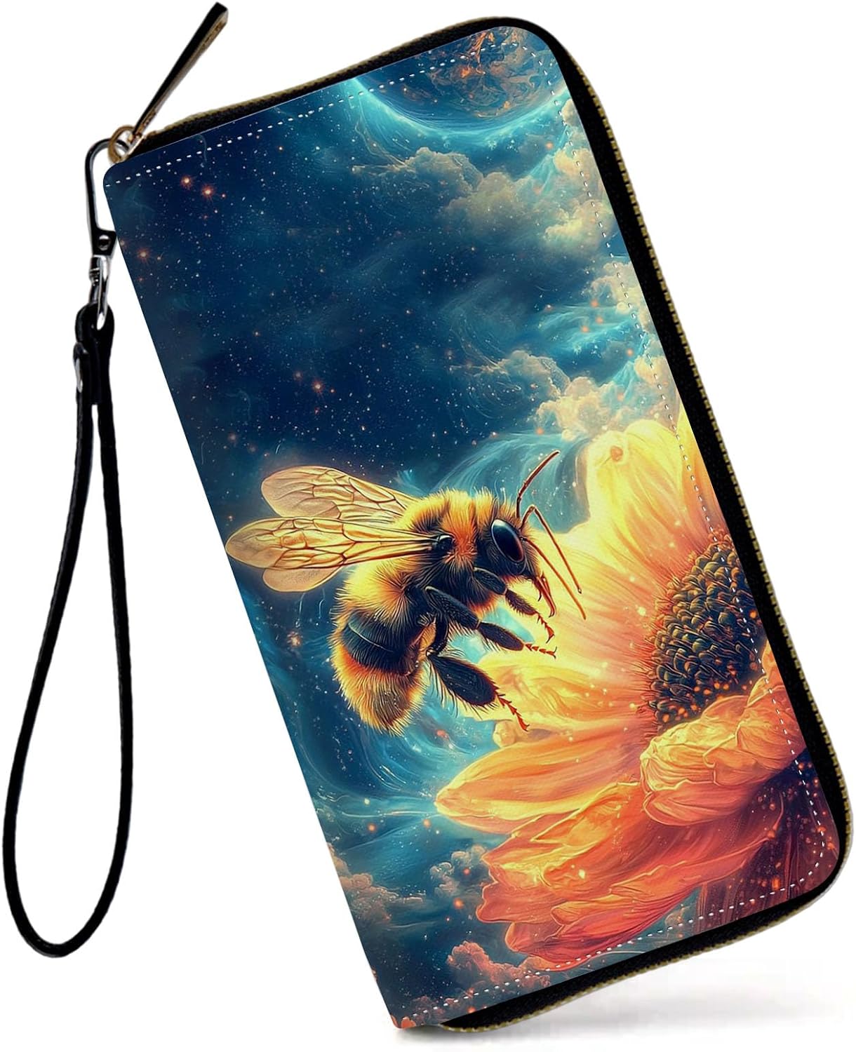 Womens Wallet, Large Capacity RFID Blocking PU Leather Wristlet Wallets Bee Outer Space Design for Women Ladies Men Credit Card Holder Zipper Wallet Phone Holder Clutch Travel Purse