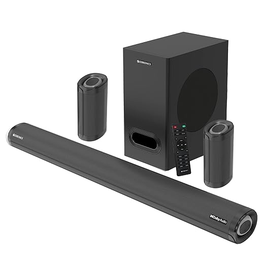 ZEBRONICS Zeb-Juke BAR 9500WS PRO Dolby 5.1 soundbar with Wireless Satellites, Dolby Audio, 525 Watts Output Power, 16.5cm subwoofer, HDMI ARC, Optical, BT v5.0, LED Display, Wall Mount and AUX,Black at Rs. 16899