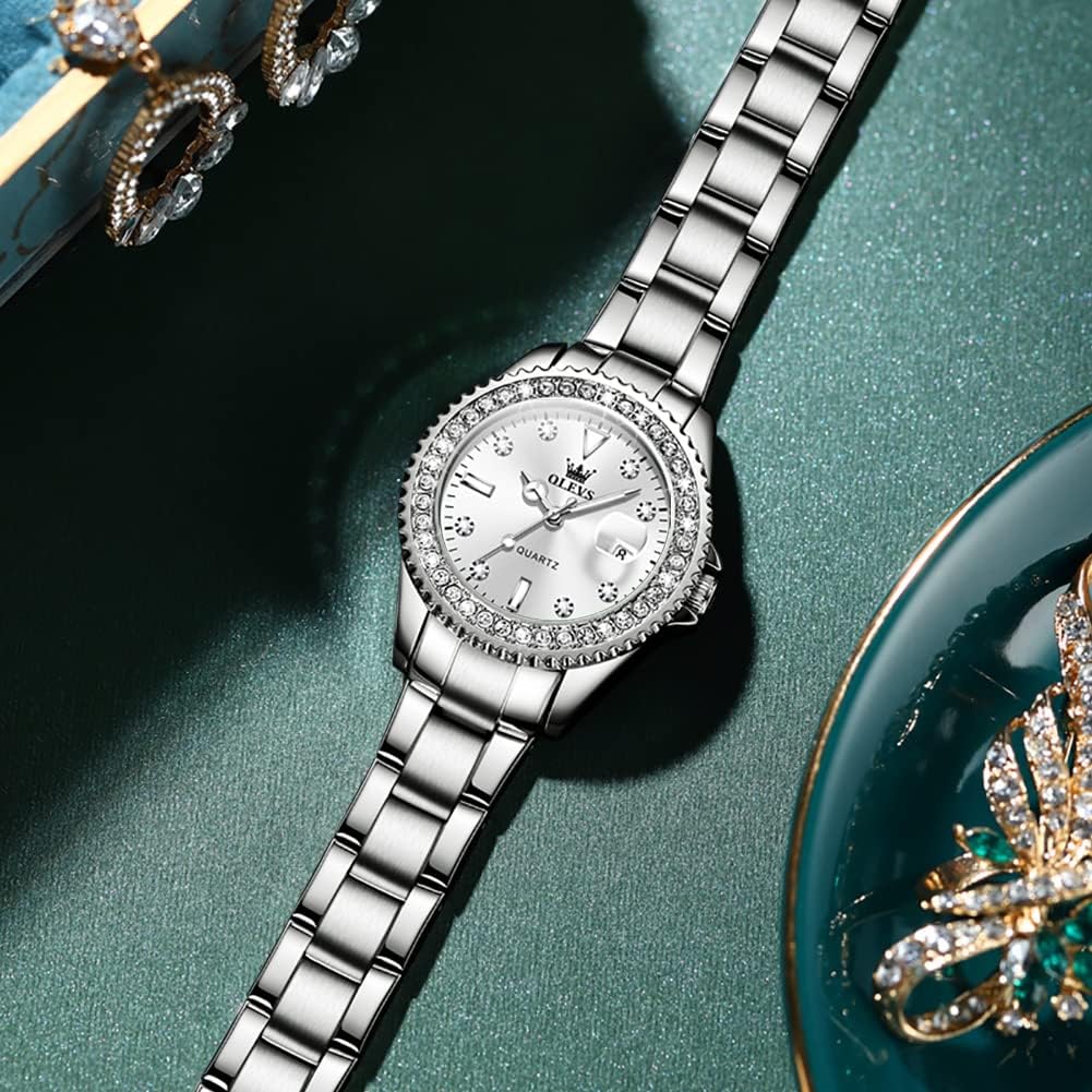 OLEVS Orologio da donna con diamanti al quarzo, analogico, in acciaio inox, due tonalità, impermeabile, luminoso, con data, orologio da polso da donna, regalo