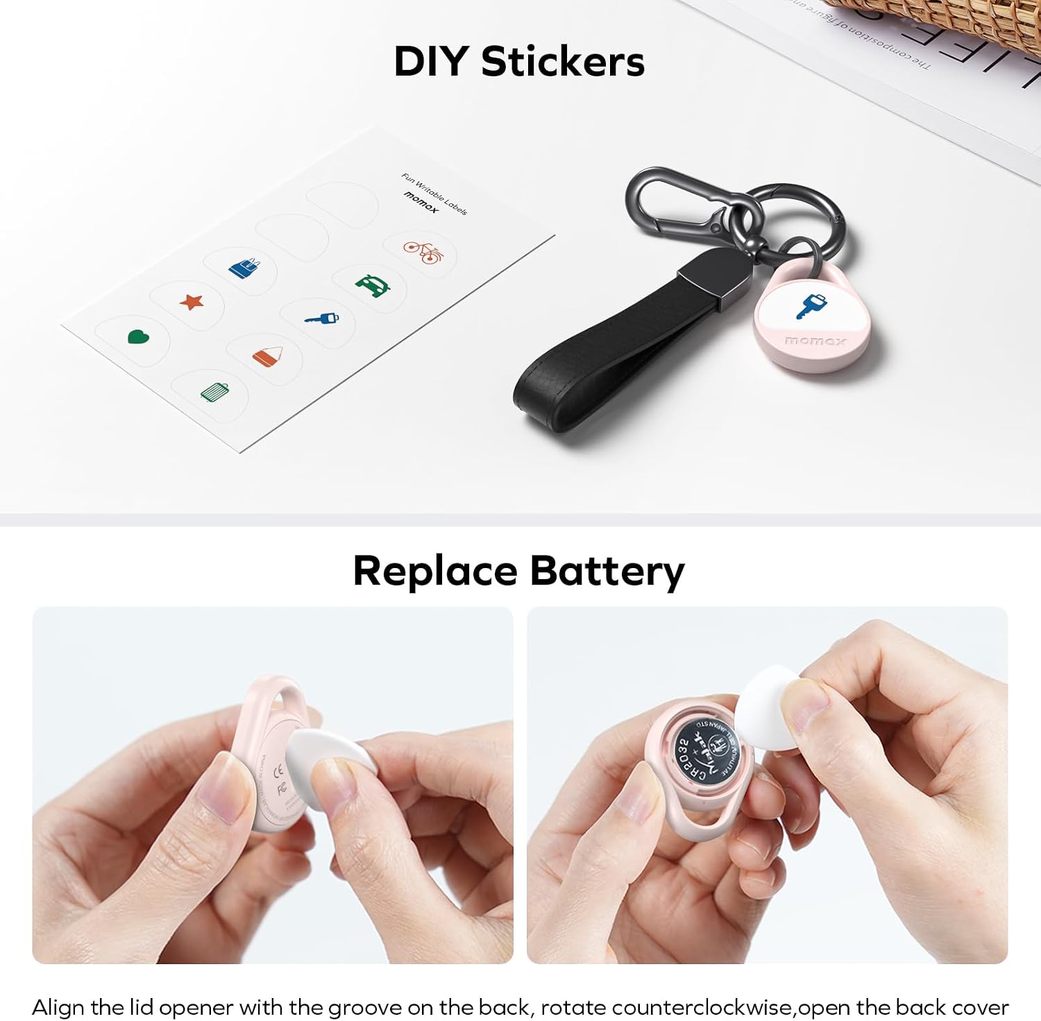 Momax Key Finder Tracker Tag - [Apple MFi Certified] Smart Bluetooth Tracking Device with Find My (iOS Only), Replaceable Battery, DIY Stickers, for Wallets, Luggage, Suitcases, Backpacks, Pink image 5