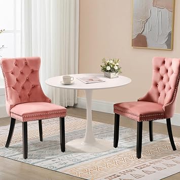 3-Pieces 31.5" Round Dining Table Set for 2, White Dining Table & 2 Velvet Upholstered Dining Chairs for Kitchen Dining Room Apartment Small SpaceWhite Table & Pink Chairs
