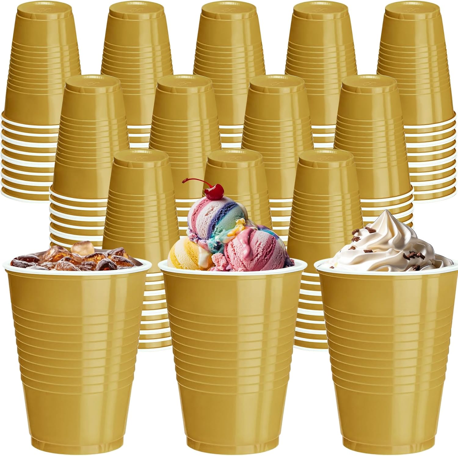 120 pcs 16 oz Gold plastic cups Happy New Year plastic Disposable Cups Gold Party Cups for drinking Tastings served Snacks Barbecues Picnics