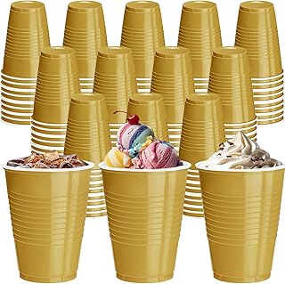 cssopenss 120 pcs 16 oz Gold plastic cups Happy New Year plastic Disposable Cups Gold Party Cups for drinking Tastings served Snacks Barbecues Picnics