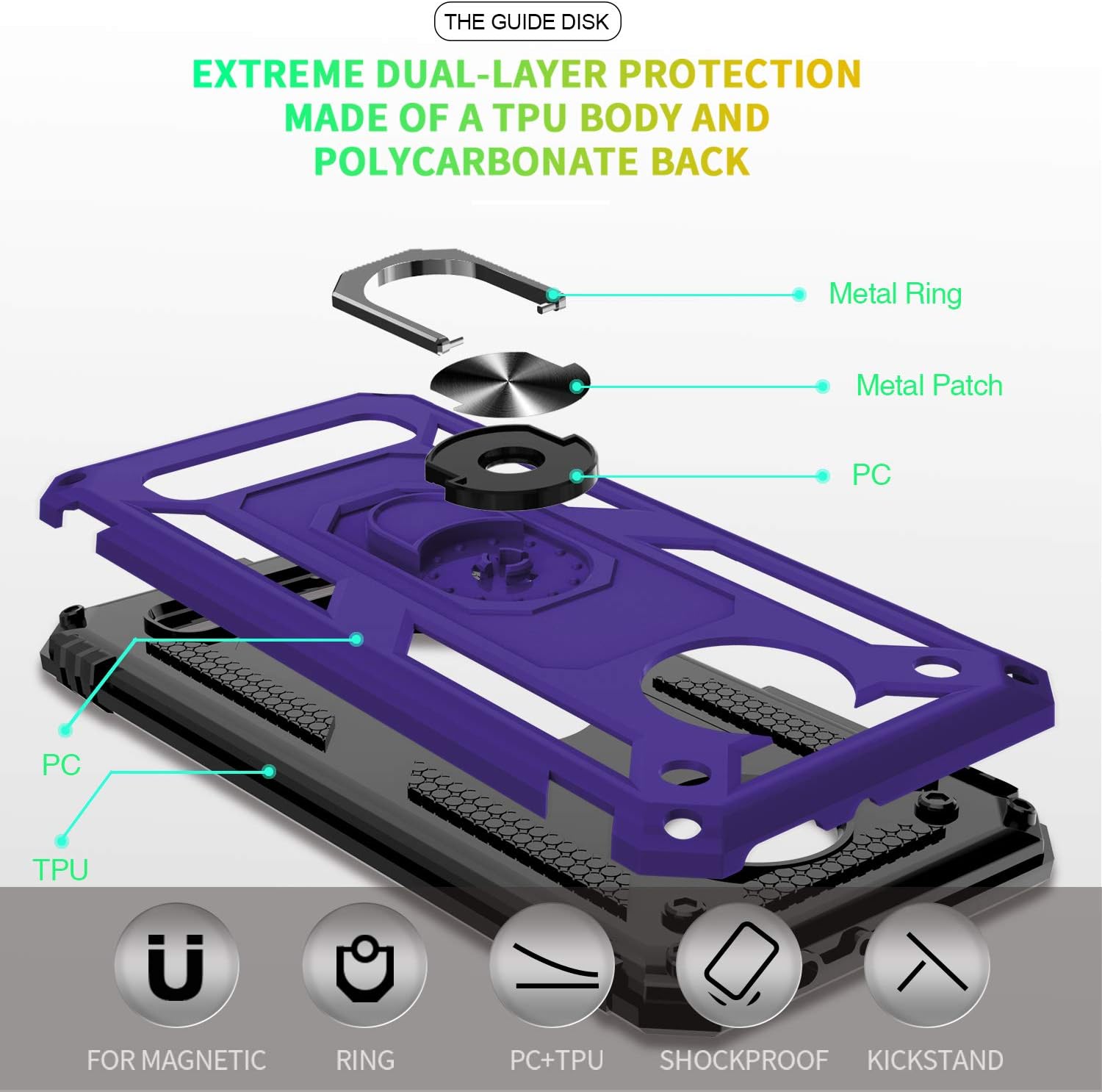 Compatible for Moto Z4/Z4 Play/Z4 Force Case with HD Screen Protector, Gritup Military-Grade Shockproof Protective Phone Case with Magnetic Kickstand Ring for Moto Z4/Z4 Play/Z4 Force Purple