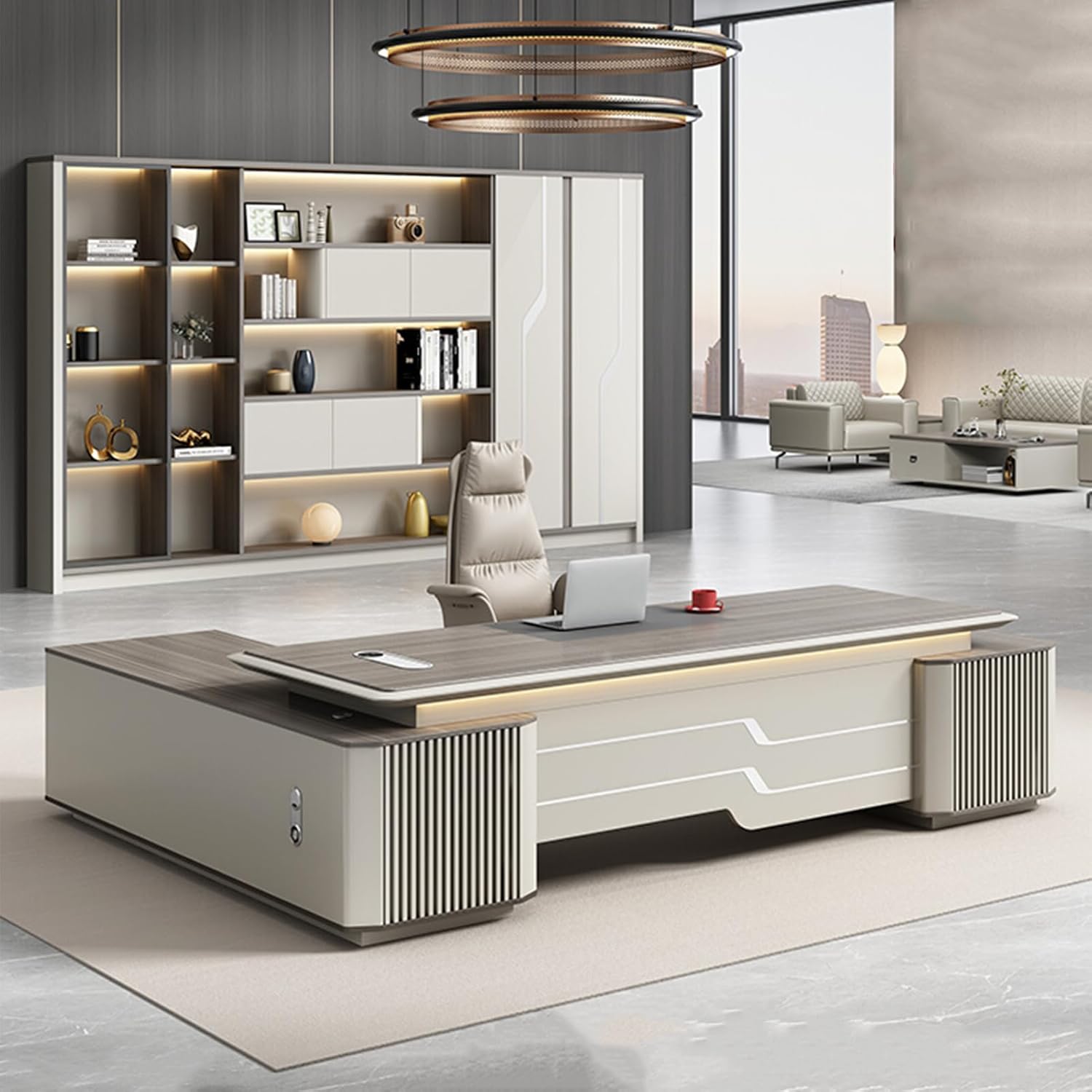 L-Shaped Grey Computer Desk, Executive Office Desk with Lateral Cabinet Study Writing Table Business Furniture Set for Home Office