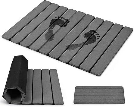 Foldable Stone Bath Mat, 2 PCS Quick-Dry Diatomaceous Earth Stone Drying Mat for Bathroom, Non-Slip Rubber Base, Shower Mat Outside Shower, Easy to Store, Easy to Clean Grey 24"16" & 8"x4"