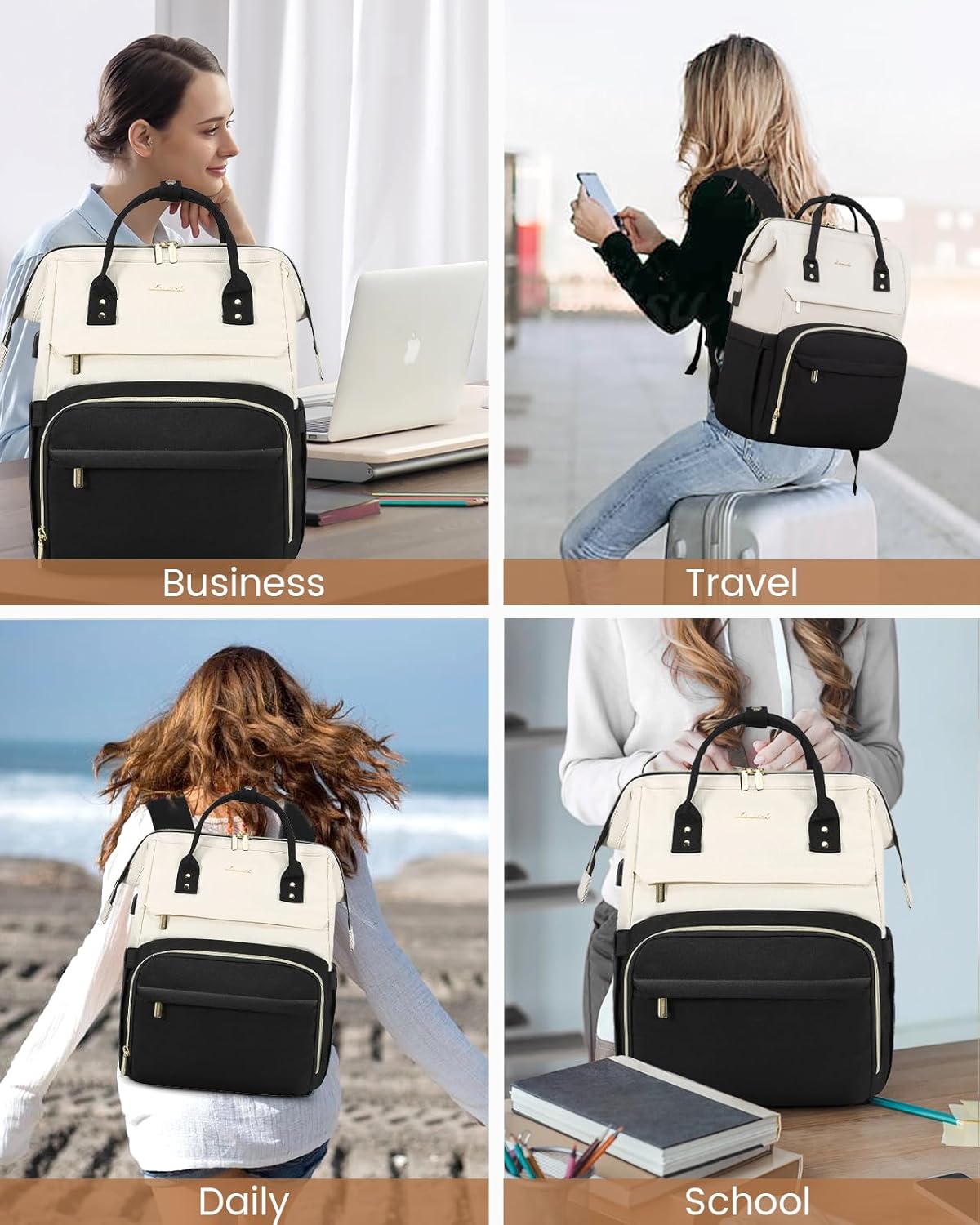 LOVEVOOK Laptop Backpack for Women Fashion Business Computer Backpacks Travel Bags Purse Doctor Nurse Work Backpack with USB Port, Fits 17-Inch Laptop Beige-Black - Image 7