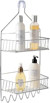 Bath Bliss, Bathroom Storage Organizer, Head, in Chrome 2 Tier Cabana Stripe Shower Caddy, 10.63 x 4.69 x 22.05, 10017-CHROME