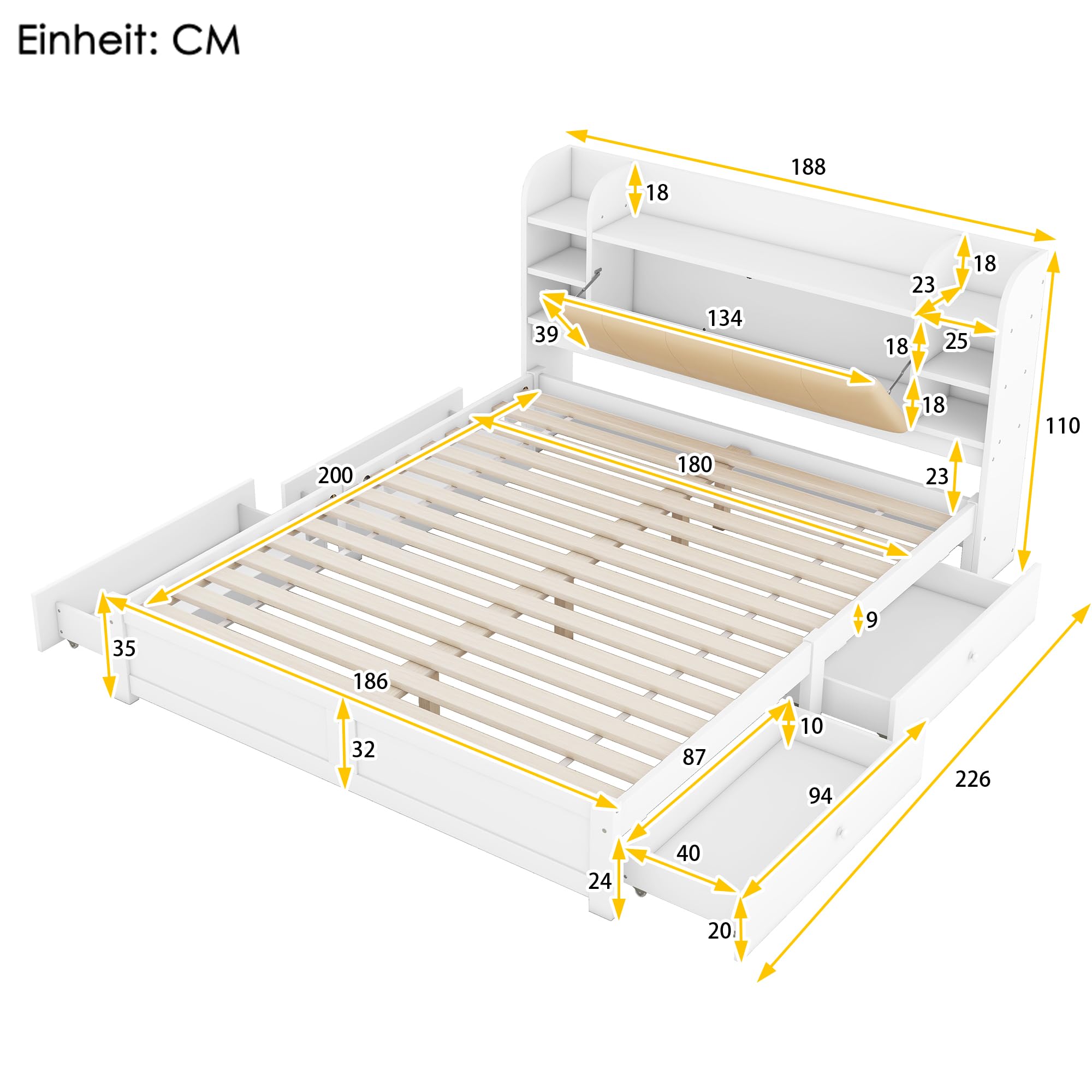 Lit plat de 180 x 200 cm, tête de lit partiellement rabattable, quatre tiroirs, plusieurs compartiments de rangement, blanc