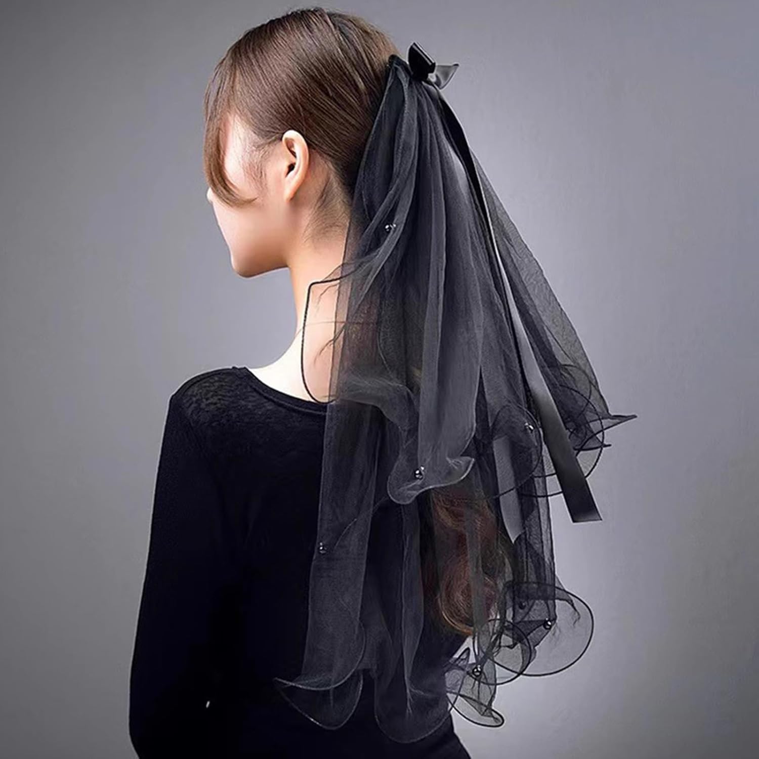 Black Halloween Veils Bridal Veils for Women Wedding, Double-Layer Pearl Bowknot Wedding Veil, Bridal Shower Decorations Halloween Decors Bachelorette Party Favors Headband Accessories Photo Props - Image 5