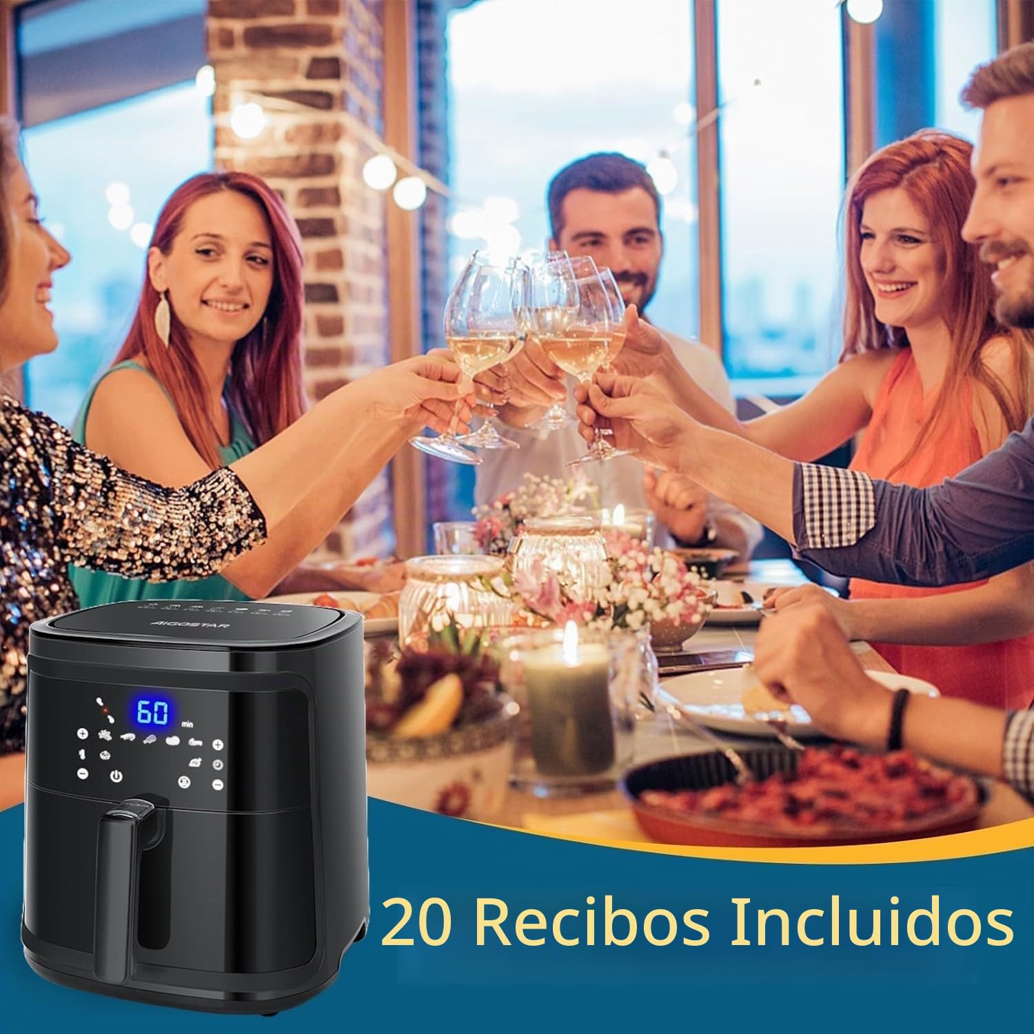 Aigostar Cube 30IBT - Freidora de aire caliente sin aceite, 7 l, 1900 W, táctil, color negro