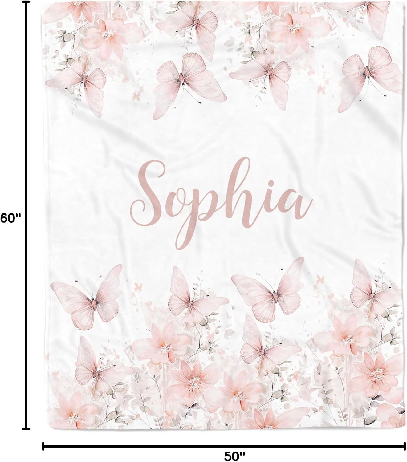 Pink Butterfly Personalized Baby Girl Blanket, Custom Name Gift (50 x 60 Toddler/Kids), BB-01