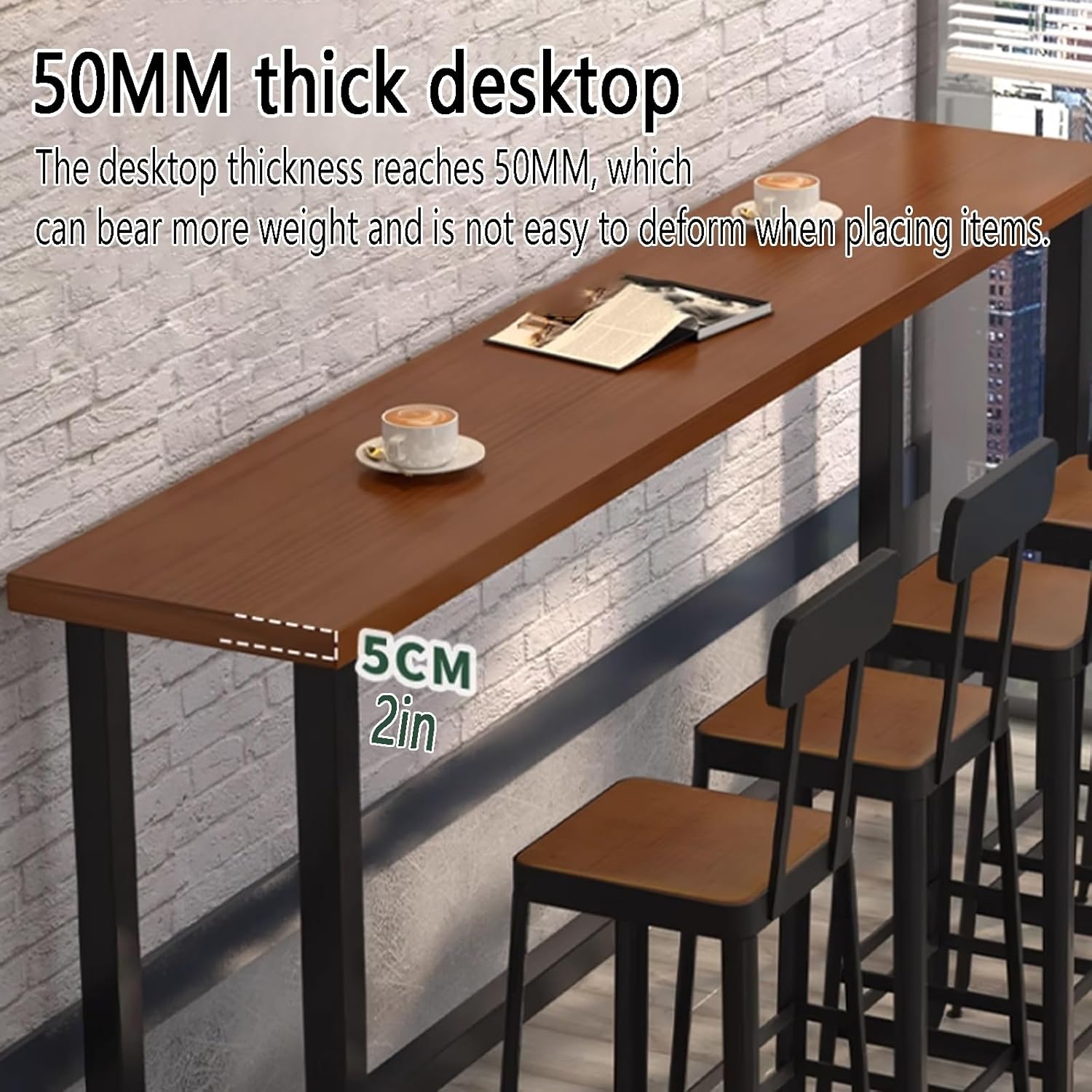 Narrow Rectangular Solid Wood Bar Table, Industrial Counter Height Dining Table with Metal Base, Long Breakfast Bistro Table for Kitchen & Outdoor Use, No StoolsIncluded