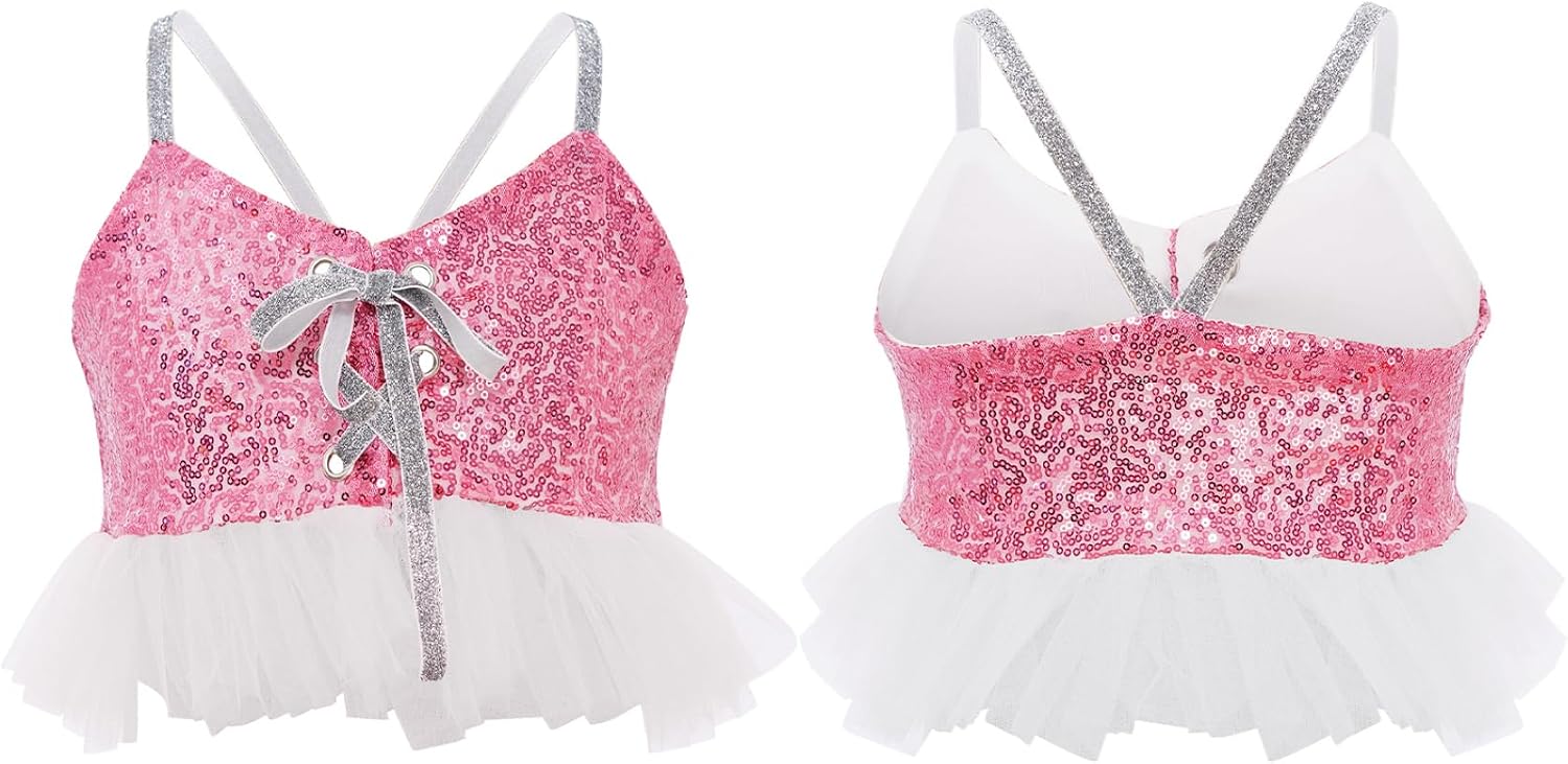 JEYPINMI Sleeveless Camisole for Girls Sparkly Dance Blouse Sequin Crop Cami Ruffles Shirt Spaghetti Strap Tank Tops