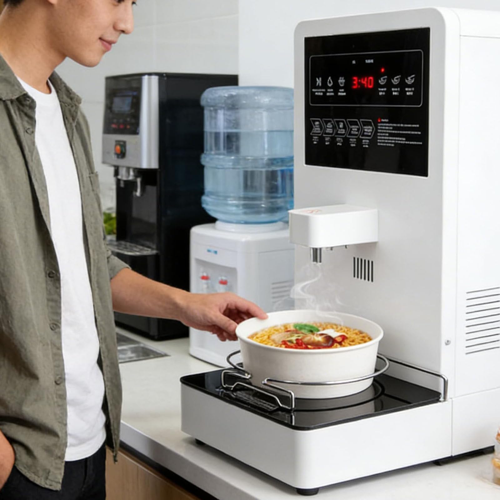 Komercyjna maszyna do makaronu ramen 2200 W, konstrukcja ekranu dotykowego, regulowane ogrzewanie, niski poziom hałasu, automatyczna kontrola wody do stołówek, szkół, restauracji samoobsługowych