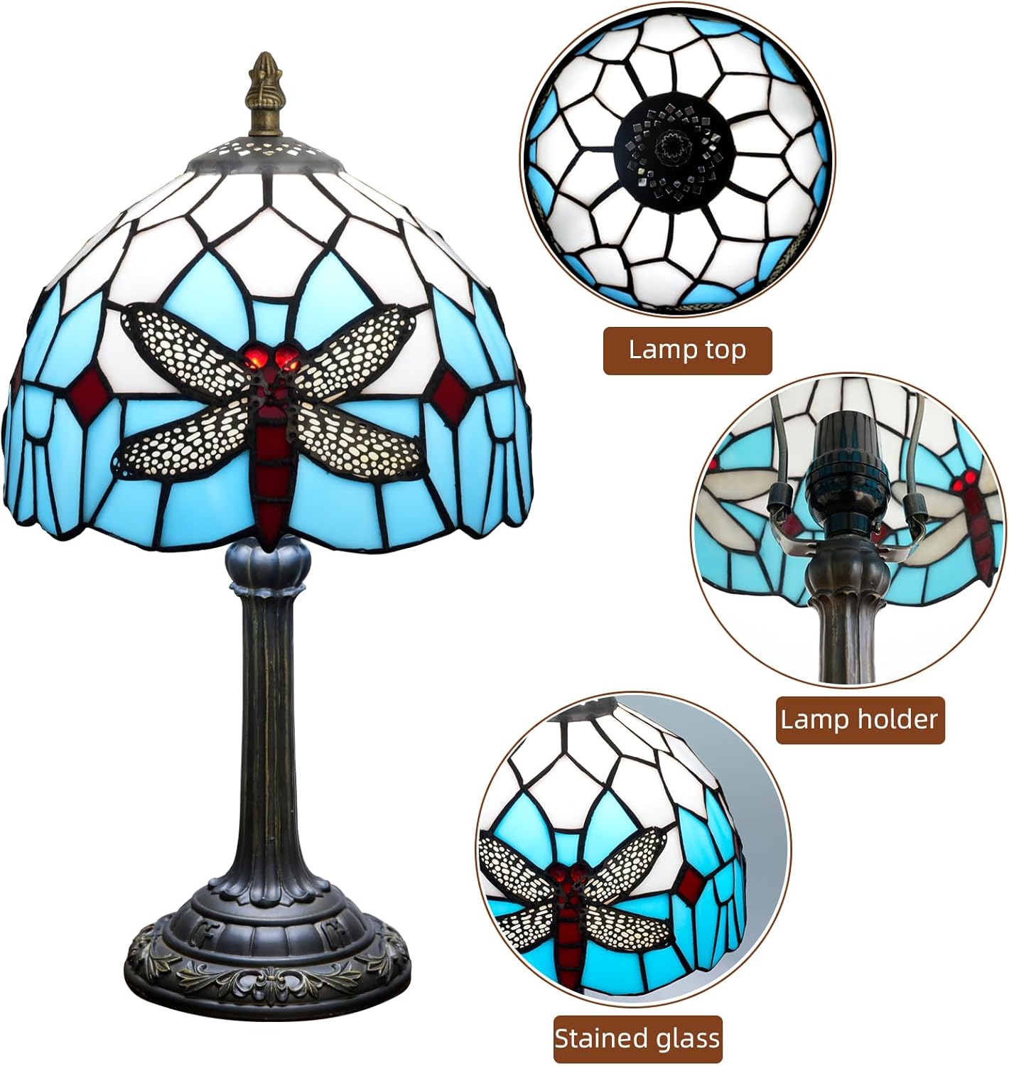 Tiffany Table Lamp Blue Dragonfly Stained Glass Bedside Lamp Antique Unique Cute Accent Nightstand Light for Home Living Room Office Dormitory Bar Decorate