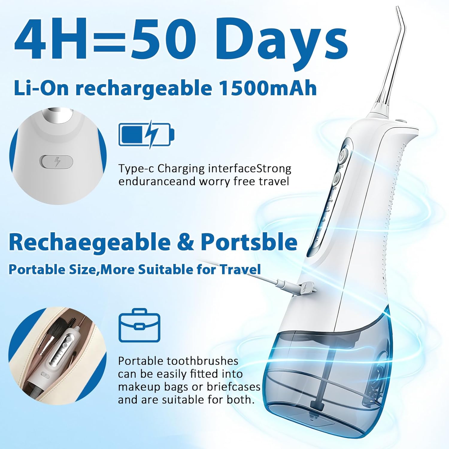 Portable Water Flosser Cordless - 4 Cleaning Modes & 50-Day Long Battery Life, IPX7 Waterproof Compact Design, Type-C Charge Oral Irrigator for Travel/Home/Office, Ideal for Sensitive Gums & Braces