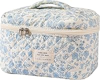 uekeboag 2-Pack Large Quilted Floral Makeup Bags for Women - Soft Cotton Travel Cosmetic Toiletry Organizer 10x6x5.5"