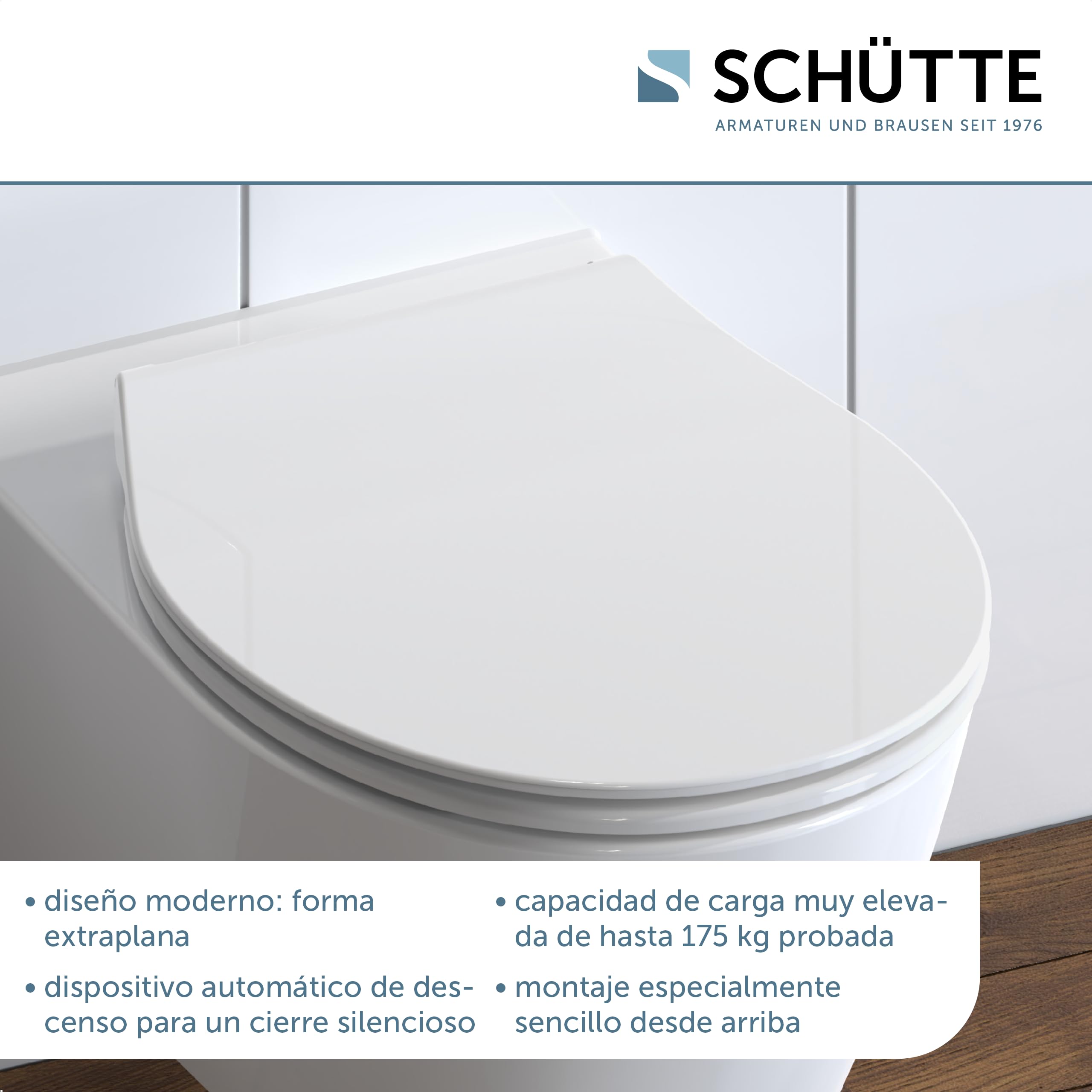 Schütte 82700 Asiento de Inodoro Duroplast Slim White con Dispositivo de Descenso automático y Cierre rápido para una fácil Limpieza, Forma Especialmente Plana, Carga máxima de 150 kg, Color Blanco
