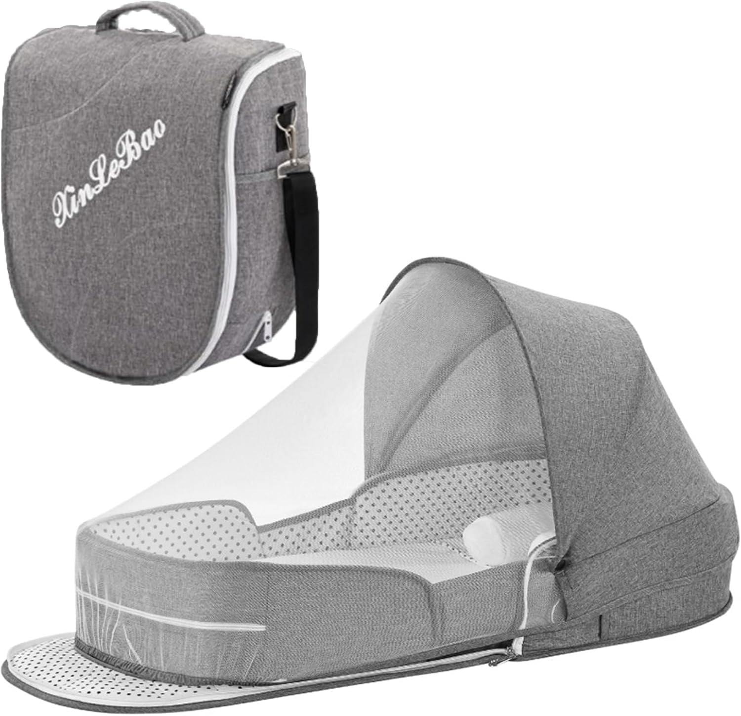 Baby Travel Cot with Mosquito Net and Awning, Foldable Baby Tent, Washable Crib Bionic Travel Bed Breathable Cradle Cot, Portable Baby Cot, Foldable Baby Cot with Mosquito Net (Gray)