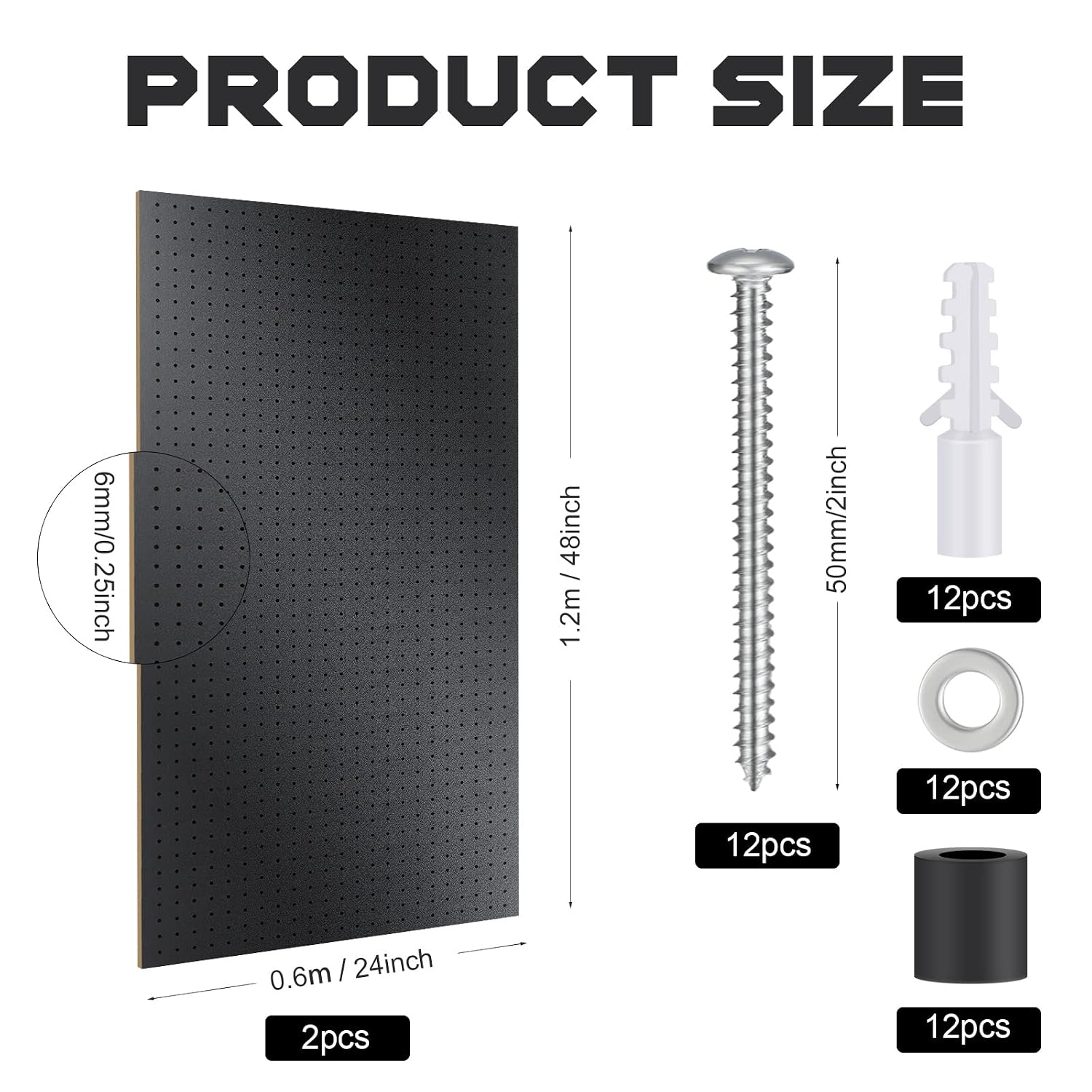 2 Pcs Wood Pegboard High Density Fiberboard 24 x 48 Inches Wall Mount Display Black Pegboard with Mounting Hardware Round Hole Peg Boards for Walls, Garage Craft Room Workshop Organizers and Storage
