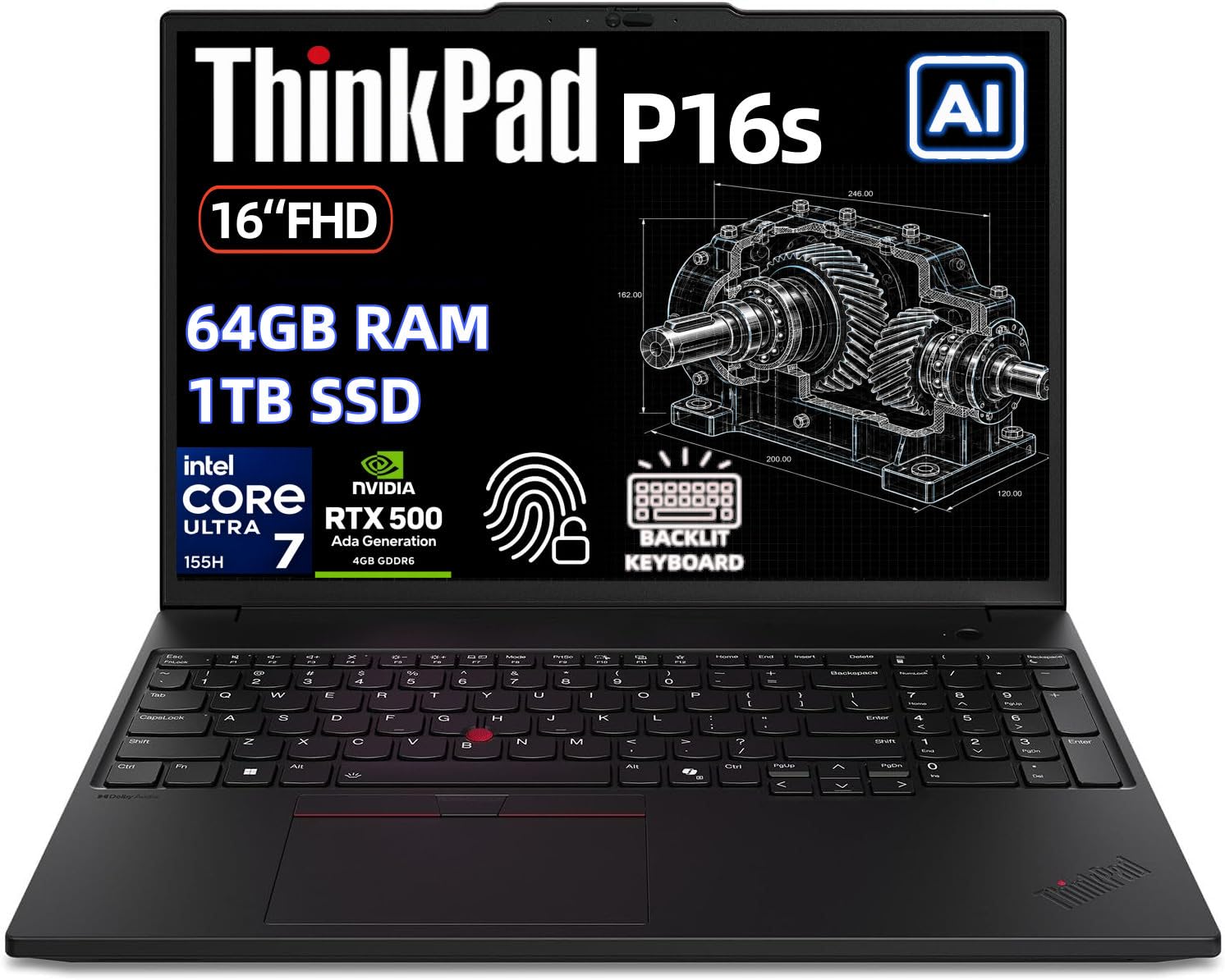 Lenovo ThinkPad P16s Gen 3 AI Workstation Laptop, Intel Core Ultra 7 155H, NVIDIA RTX 500 Ada, 64GB DDR5 RAM, 1TB SSD, WUXGA Display, Backlit Keyboard, Fingerprint Reader, Windows 11 Pro