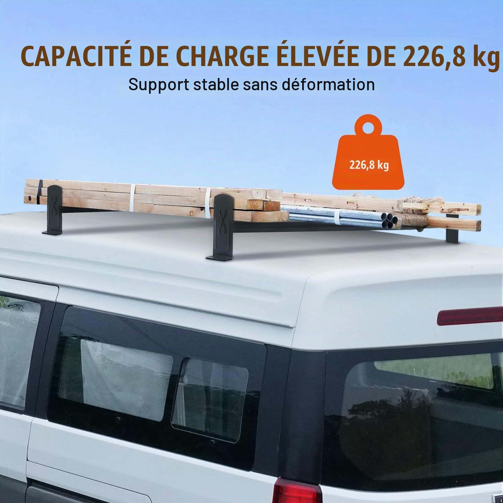 VEVOR Porte-Échelles de Toit pour Camionnette, Porte-Bagages en Acier Allié 2 Barres, Barre de Toit pour Gouttière de Pluie, Capacité de Charge 226,8 kg, Réglables 91-133 cm, pour Fourgonnettes