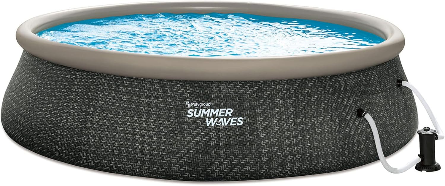 Summer Waves P1A01848E 18ft x 48in Round Quick Set Inflatable Ring Above Ground Swimming Pool with Ladder and Filter Pump, Dark Gray Herringbone Print