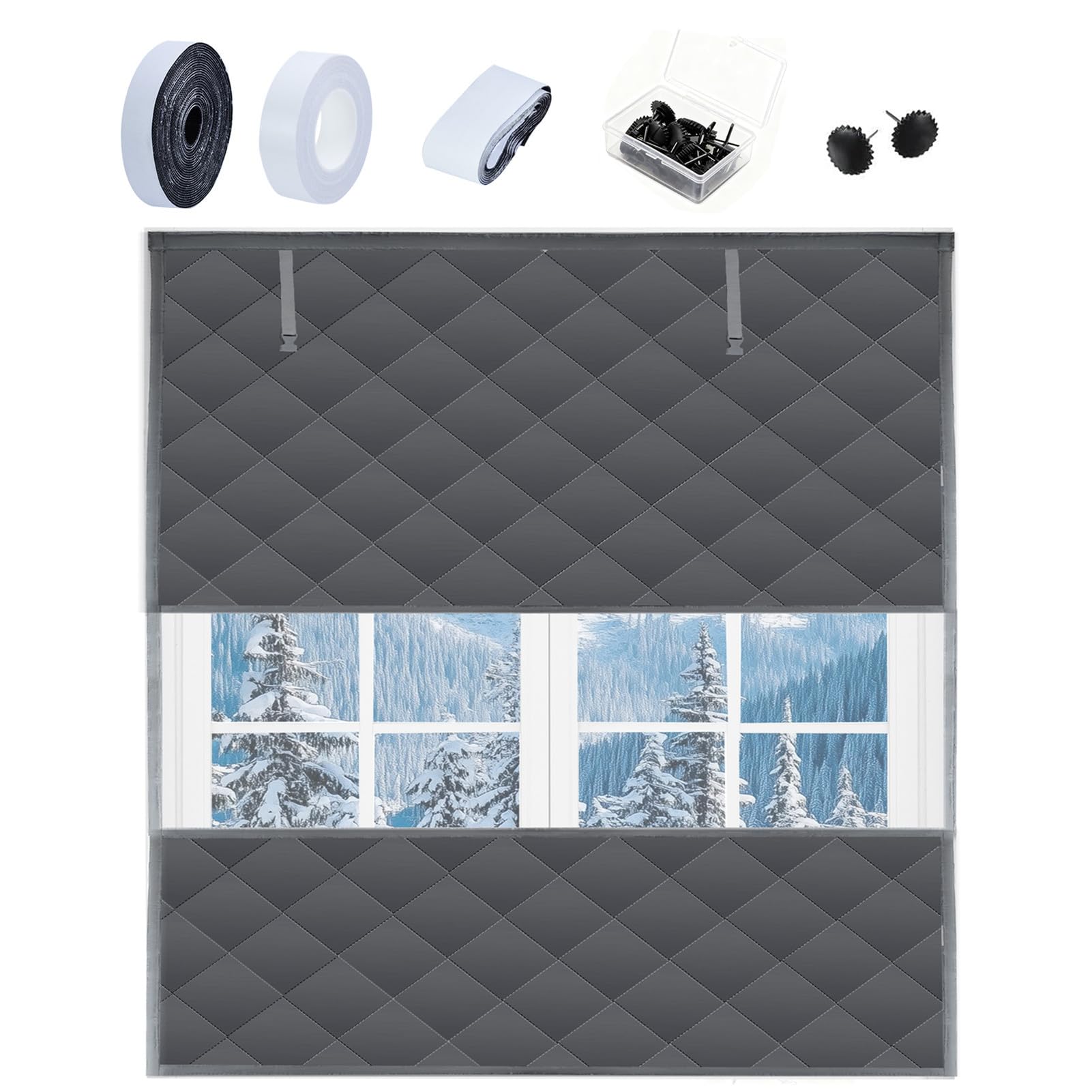 75 * 79Inches Visible Thermal Window Insulation Kit for Winter, Waterproof Winterizing Oxford Cloth Insulated Cover Grey Reusable Insulated Window Curtain Blanket Cotton Layer to Keep Warm