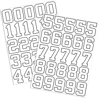 OIIKI Waterproof Sport Helmet Number Stickers 0-9, 1.26 Inch Vinyl Decals White with Black Outline for Baseball, Bikes, Helmets
