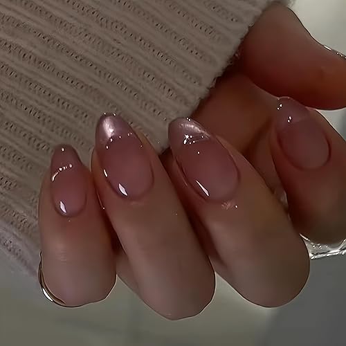 Pink Sparkly French Press on Nails Short Almond Fake Nails