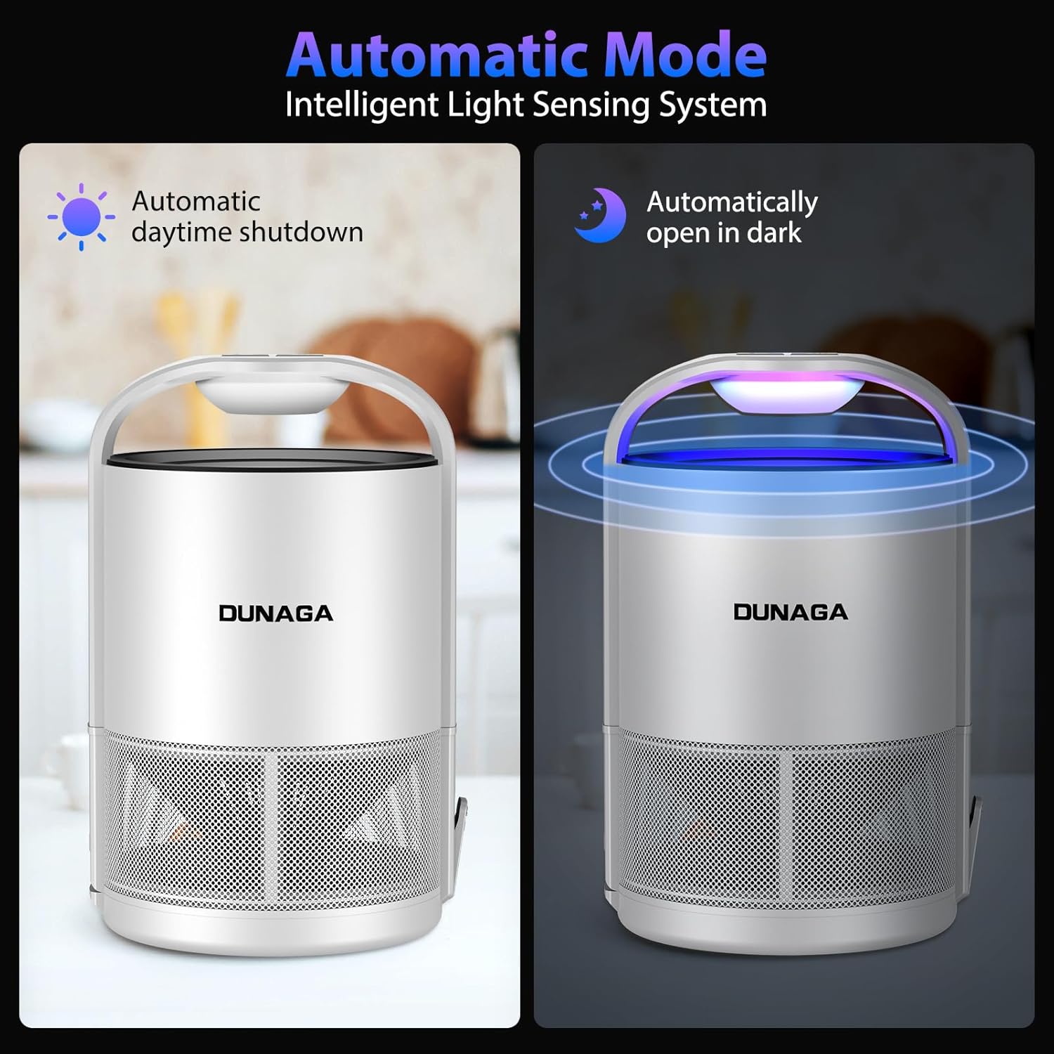 Two images showing the DUNAGA insect trap: one in daylight with automatic shutdown, and one in darkness with automatic operation.
