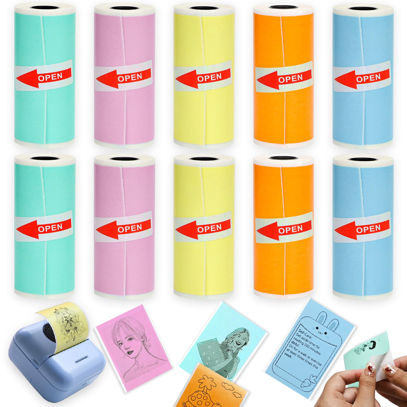 10 Rolls Colorful Mini Thermal Printer Paper Refill for Most Mini Printers, 57 x 25mm Thermal Sticker Paper Rolls for T02/M02 Study Notes Photos