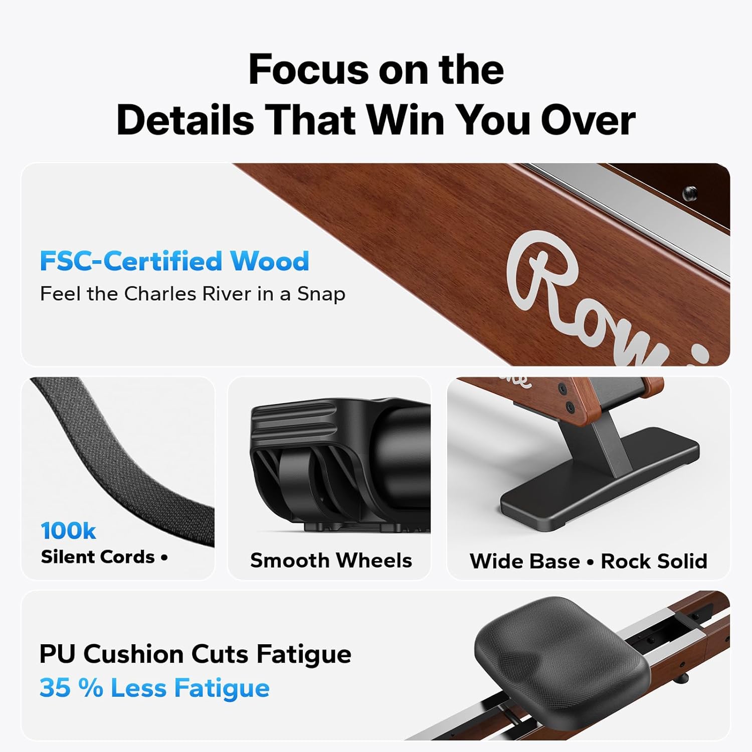 Close-up of MERACH NovaRow Q3 details including FSC-certified wood, silent cords, smooth wheels, wide base, and PU cushion.