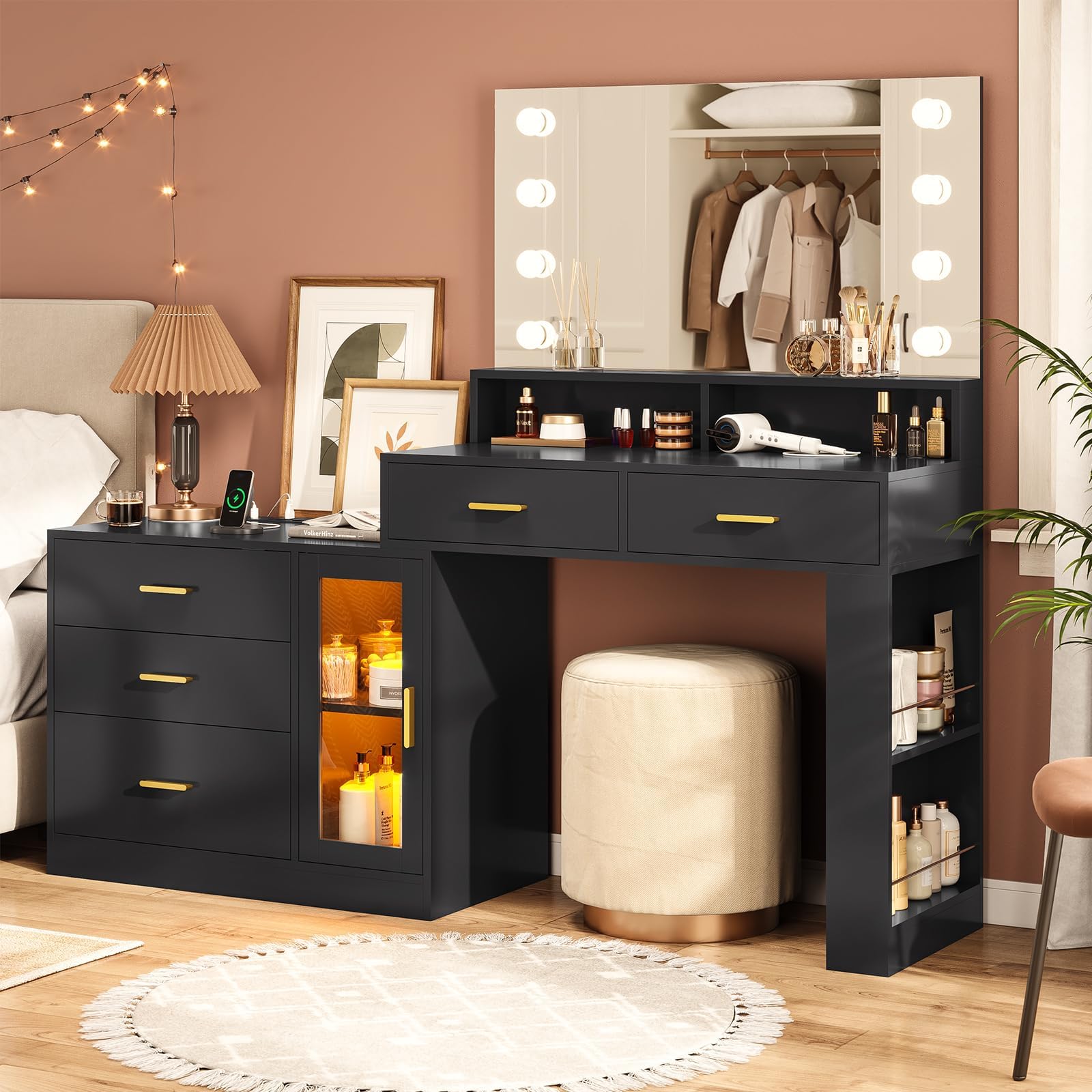 AOGLLATI Makeup Vanity Desk with Mirror and Lights & Charging Station, Black Vanity Table with 3 Drawers LED Dresser, Makeup Desk with 3 Lighting Modes, 5 Drawers and Cabinet Storage