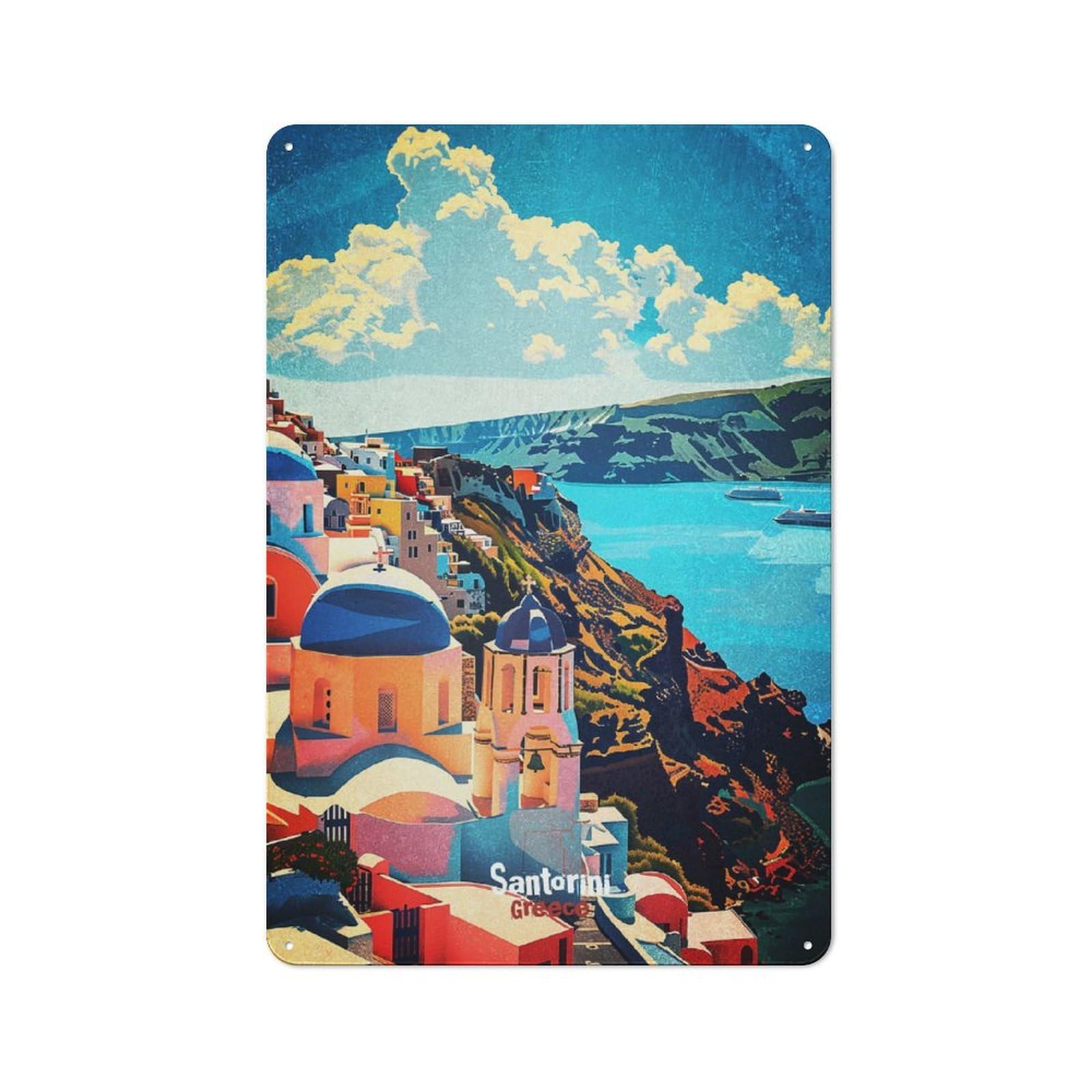 Junmoney Style-9 Santorini Greece Vintage Travel Retro Metal Wall Decor 30X20cm, Vintage Tin Sign For Coffee Bar, Kitchen, Bistro Or Tea Corner