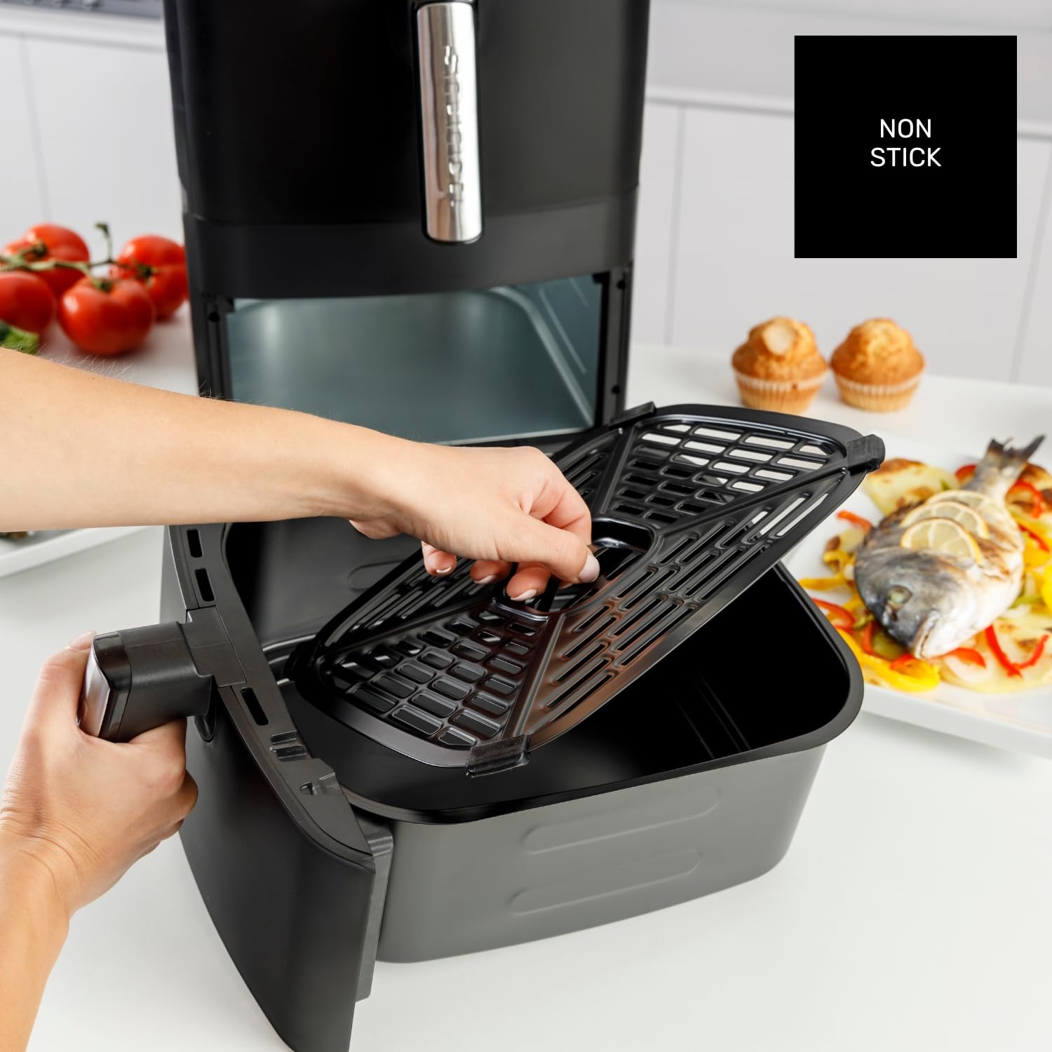 Taurus Friteuse sans huile Duo Slim | 13 L | 14 personnes | 2 paniers | Cuit 2 assiettes en même temps | 10 programmes | Minuterie 90 min | Compact | Écran tactile numérique
