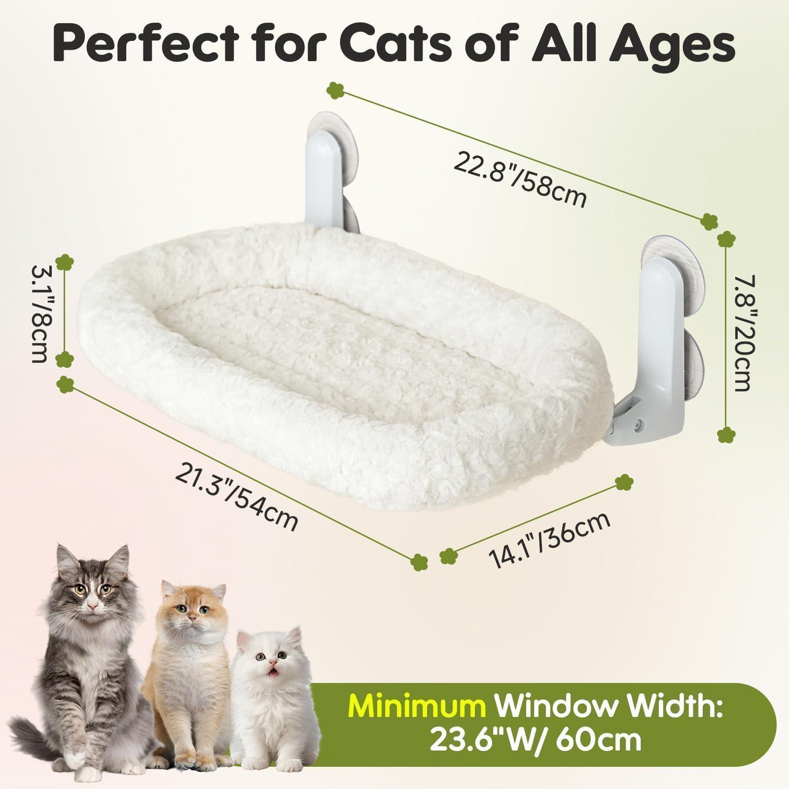 EDAGNY Hamac Chat Fenetre Premium Velours Rose Pour repos et Bronzer - 54X36cm Pliable Hamac Pour Chat avec Housse Reversible, Cadre Metallique Robuste Supporte 15kg, Blanc M