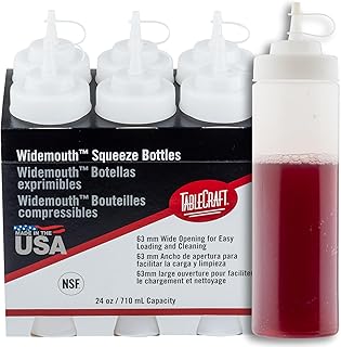 TableCraft 12633 Widemouth Condiment Squeeze Bottles, 63 mm Opening, Cone-Tip Top, Tethered Cap, Clear Sauce Dispensers for Food Prep, 24 oz (710 mL), NSF, Made in USA, Pack of 6,2.75"x2.75"x10.375"