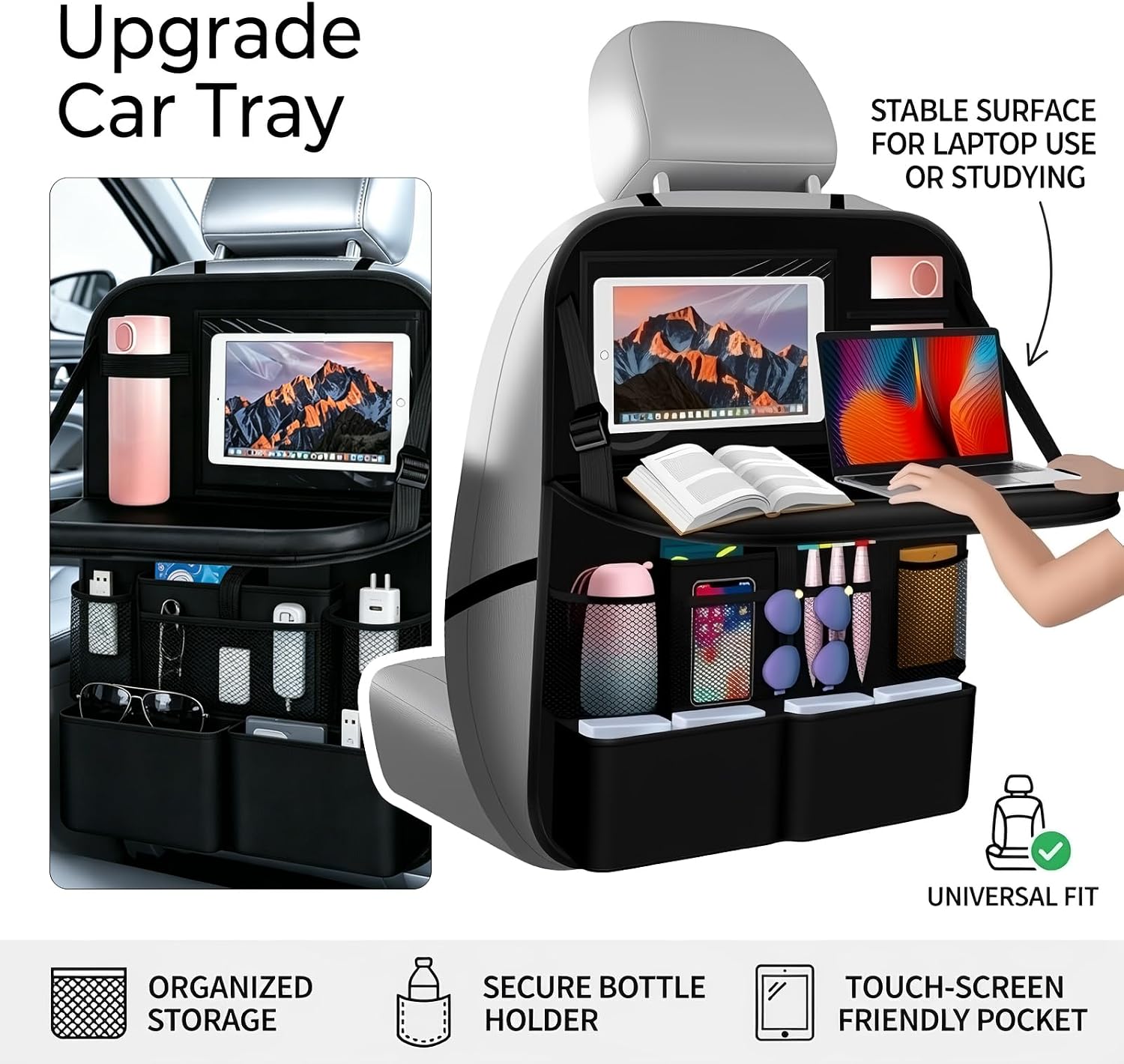 2 in 1 Hanging Backseat Car Organizer,Waterproof Back Seat Car Organizer with Table Trays,Multifunctional Cars Seats Backs Organizers as Kick Mats Back Seat Protector for Vehicles