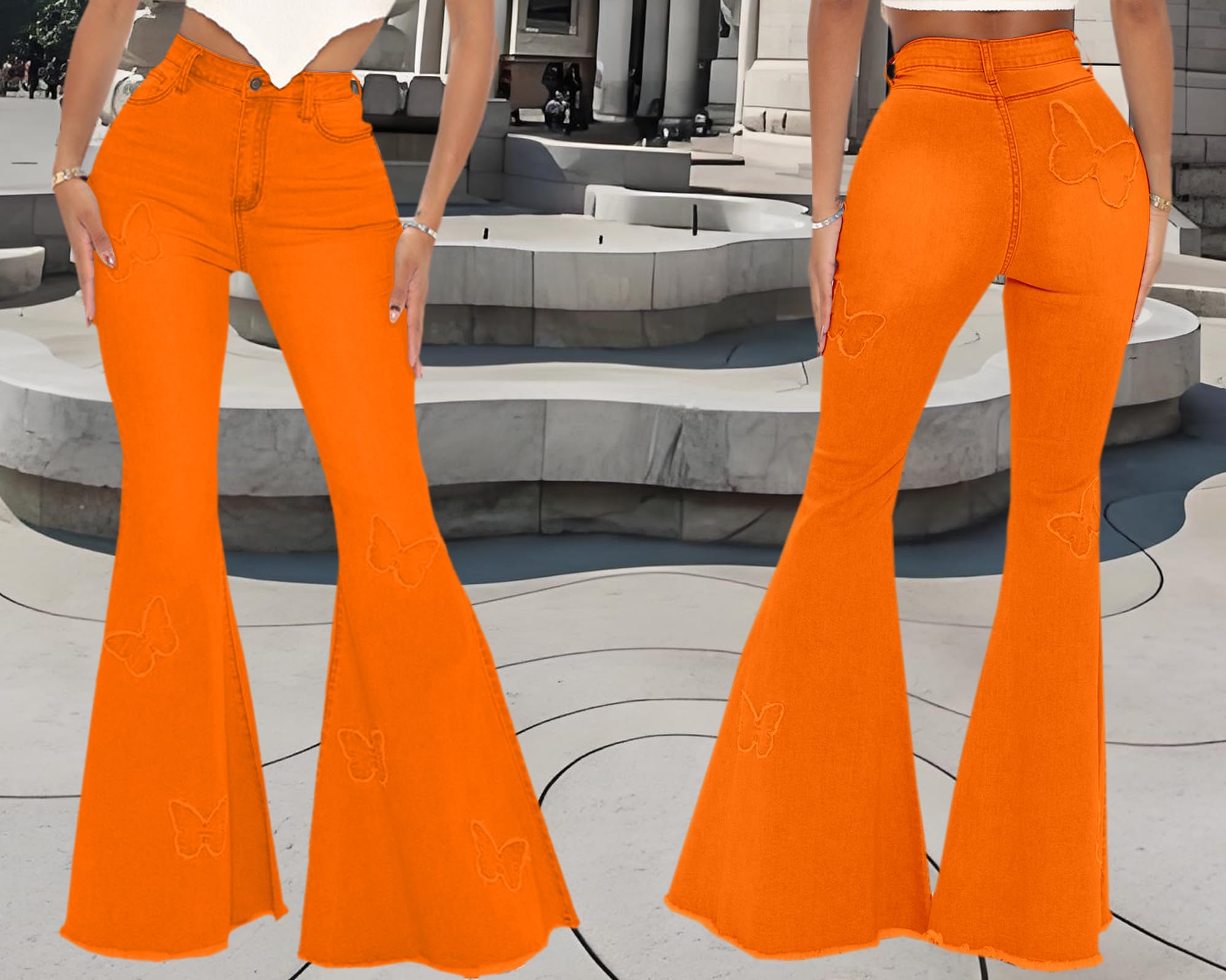 Women's Butterfly Bell Bottom Jeans Elastic High Waisted Embroidered Classic Flareed Jeans Raw Hem Denim Pants with Pocket: 3X-Large Orange