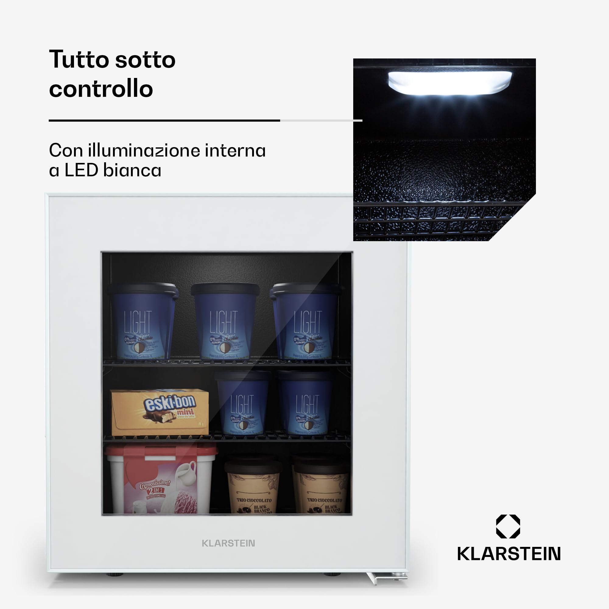 KLARSTEIN IceAge 36 - Piccolo Congelatore, 36L, Mini Freezer con Temperatura Regolabile da 0 a -18°C, Porta in Vetro, LED Interni, 2 Ripiani, Compatto & Efficiente, Freezer per Spazi Ridotti, Bianco