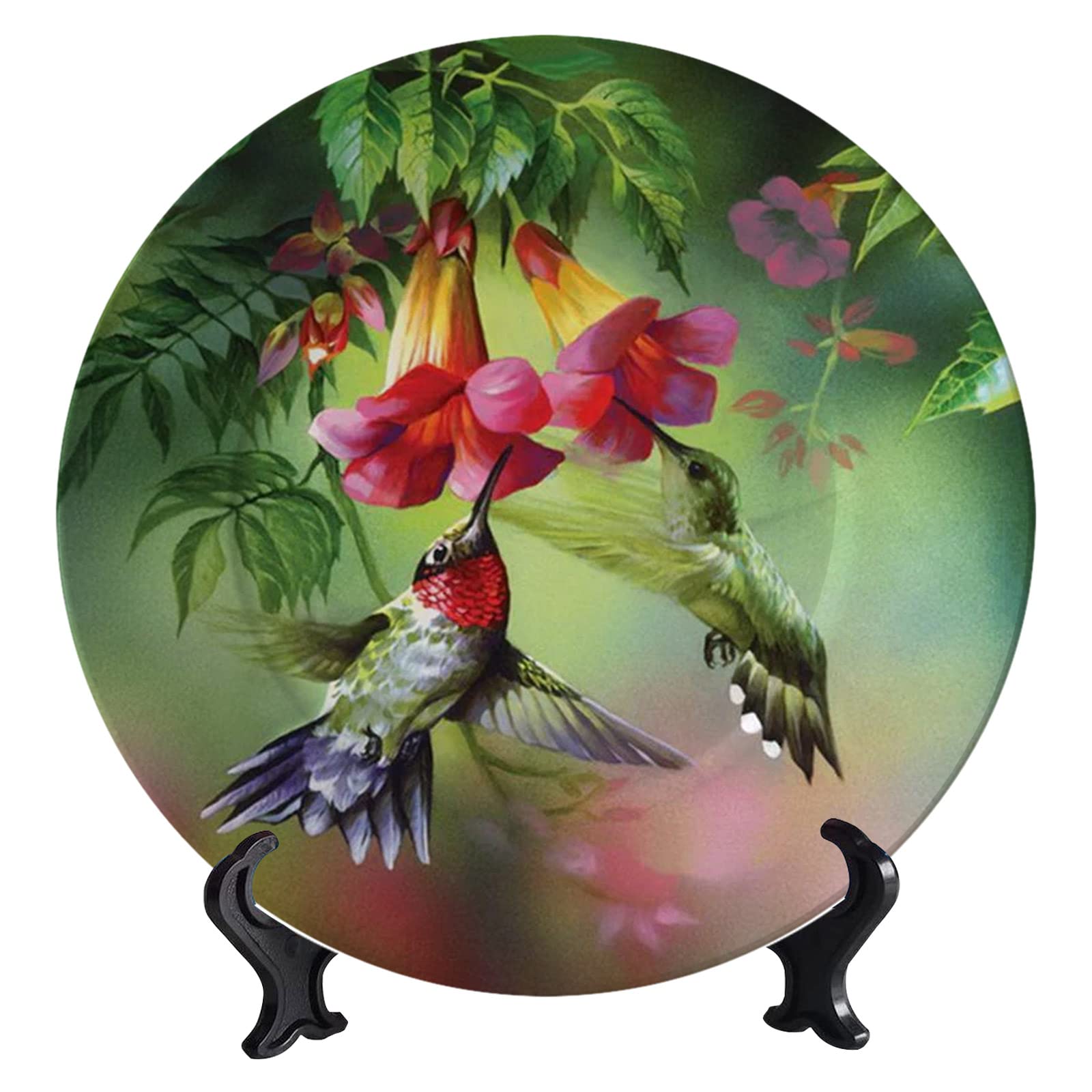 RONGXI Hummingbird Flowers Decorative Plate Custom Decor Plates with Display Stand for Home Parties Wedding Collection Decor Porcelain Plate - 10 inches