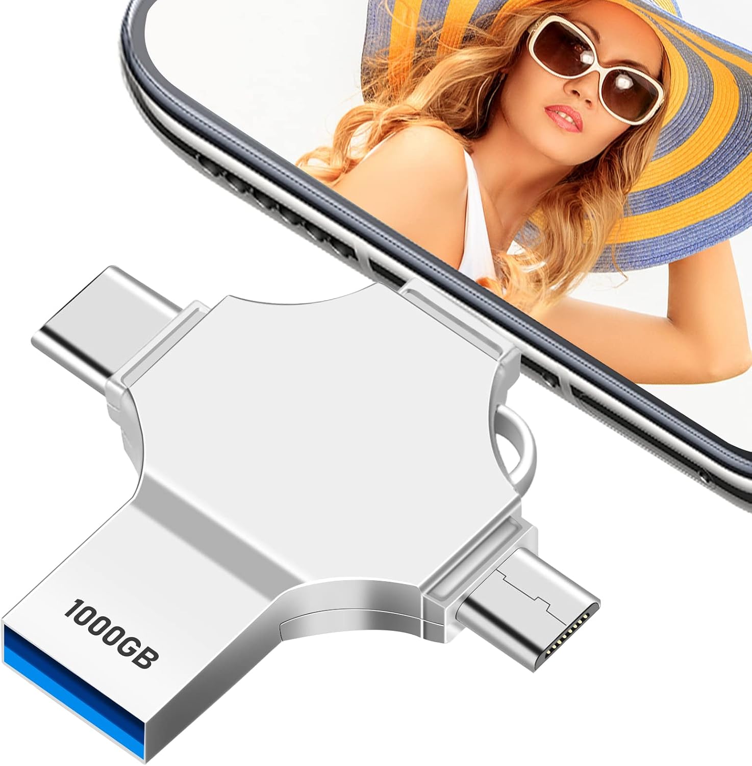 corfurio 1TB Thumb Drive USB Flash Drive for Smartphone 4 in 1 Photo Stick Memory Stick 3.0 High Speed 1000GB Metal USB Drive External Storage for Computer Smartphone Laptop Android, Silver