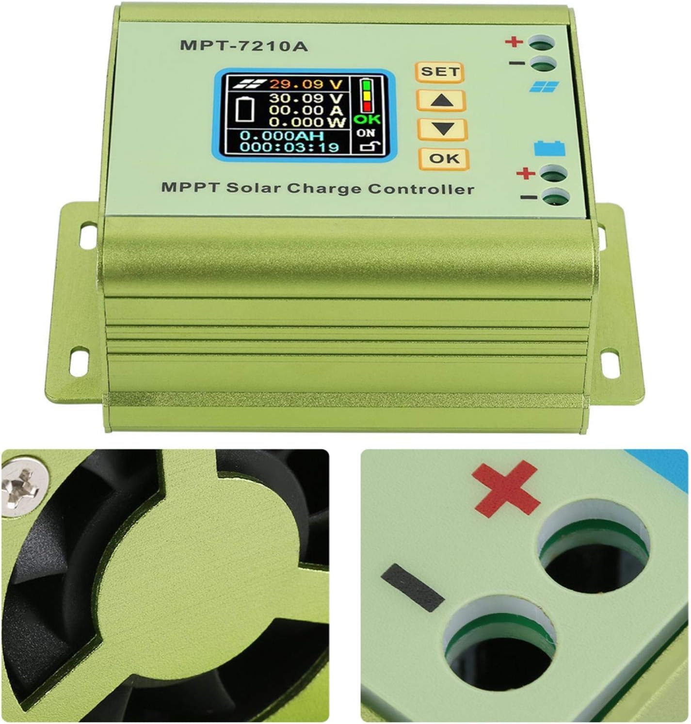 Close-up view of the cooling fan and battery terminals on the Jectse MPT-7210A controller